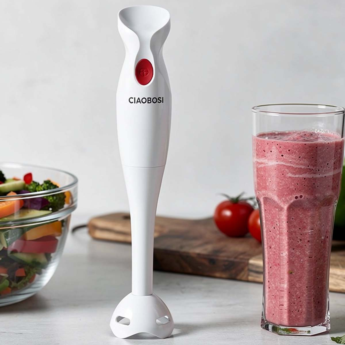 Ein weißer Stabmixer neben einem Glas Smoothie und einer Schüssel mit Gemüse.