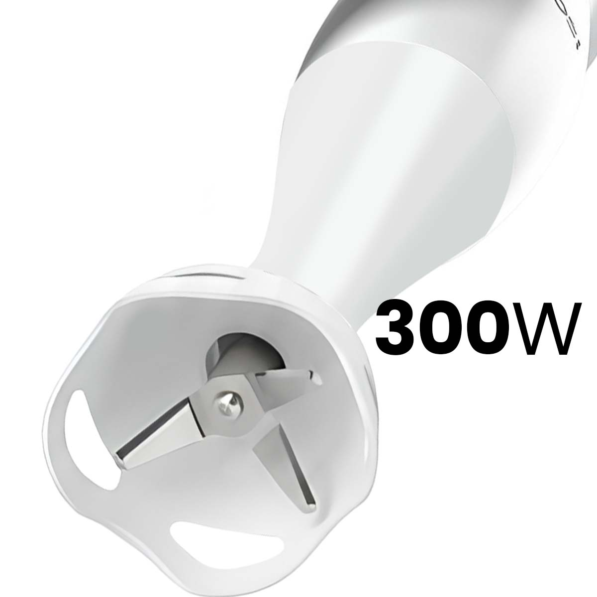 Weißer Stabmixer mit 300W Leistung und sichtbaren Klingen.