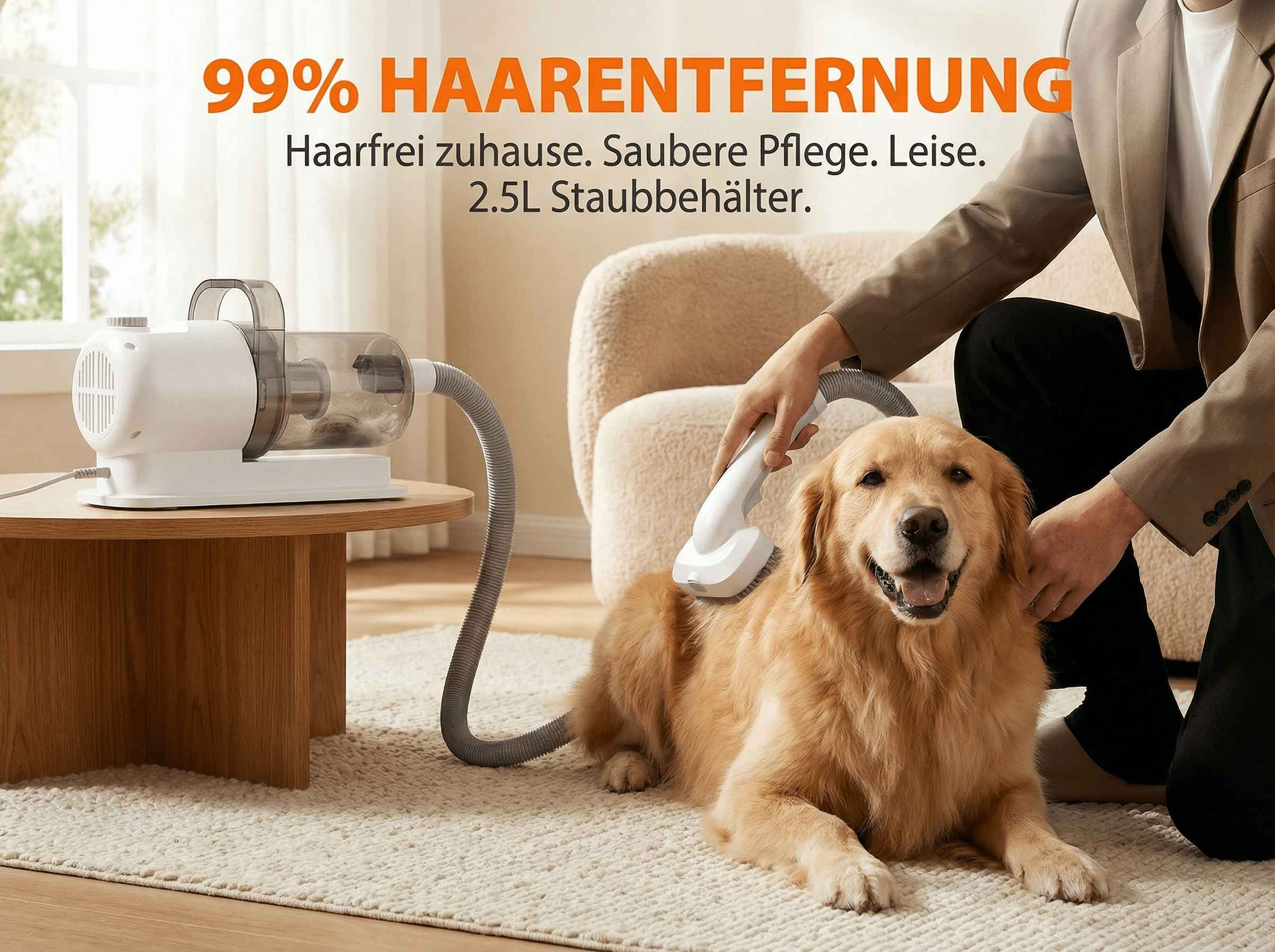 Ein Mann bürstet einen Golden Retriever mit einem Haarentferner in einem gemütlichen Raum.