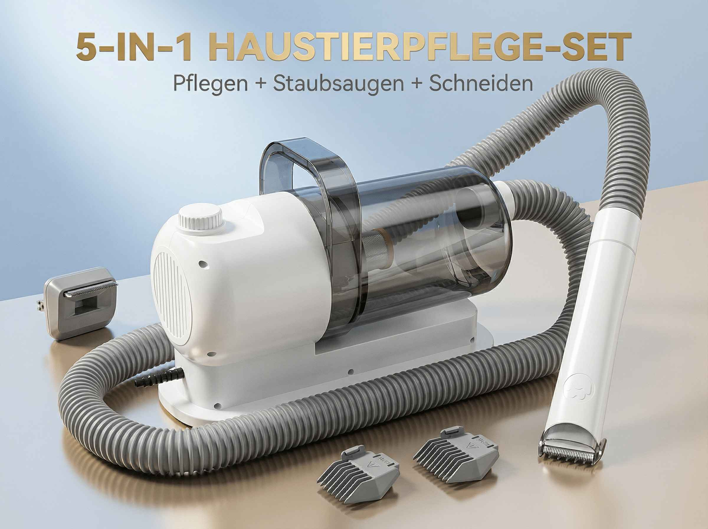 Ein weißes Haustierpflegegerät mit Zubehör, Schlauch und Scherkopf.