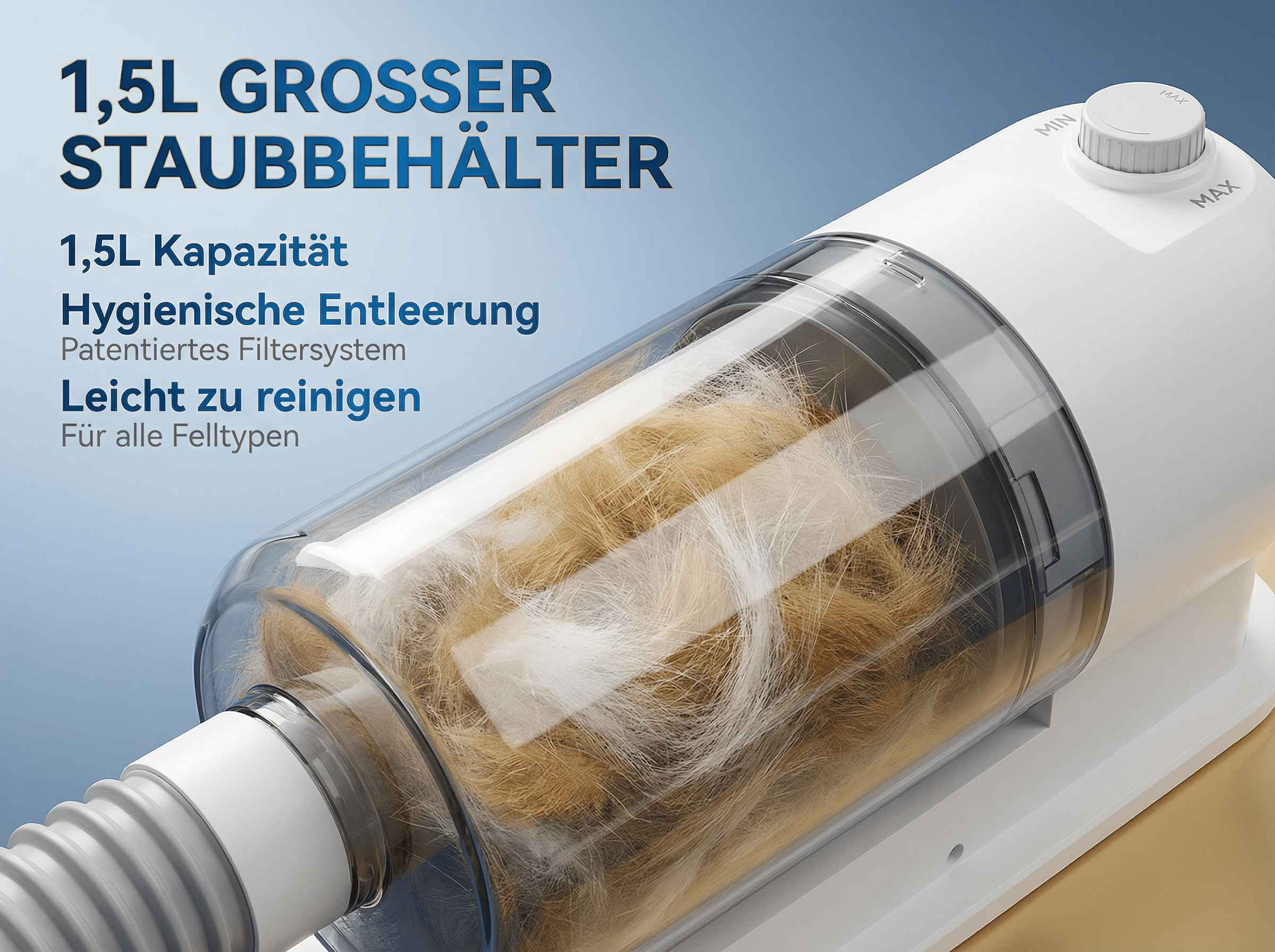 Ein weißer Handstaubsauger mit transparentem Behälter voller Tierhaaren.