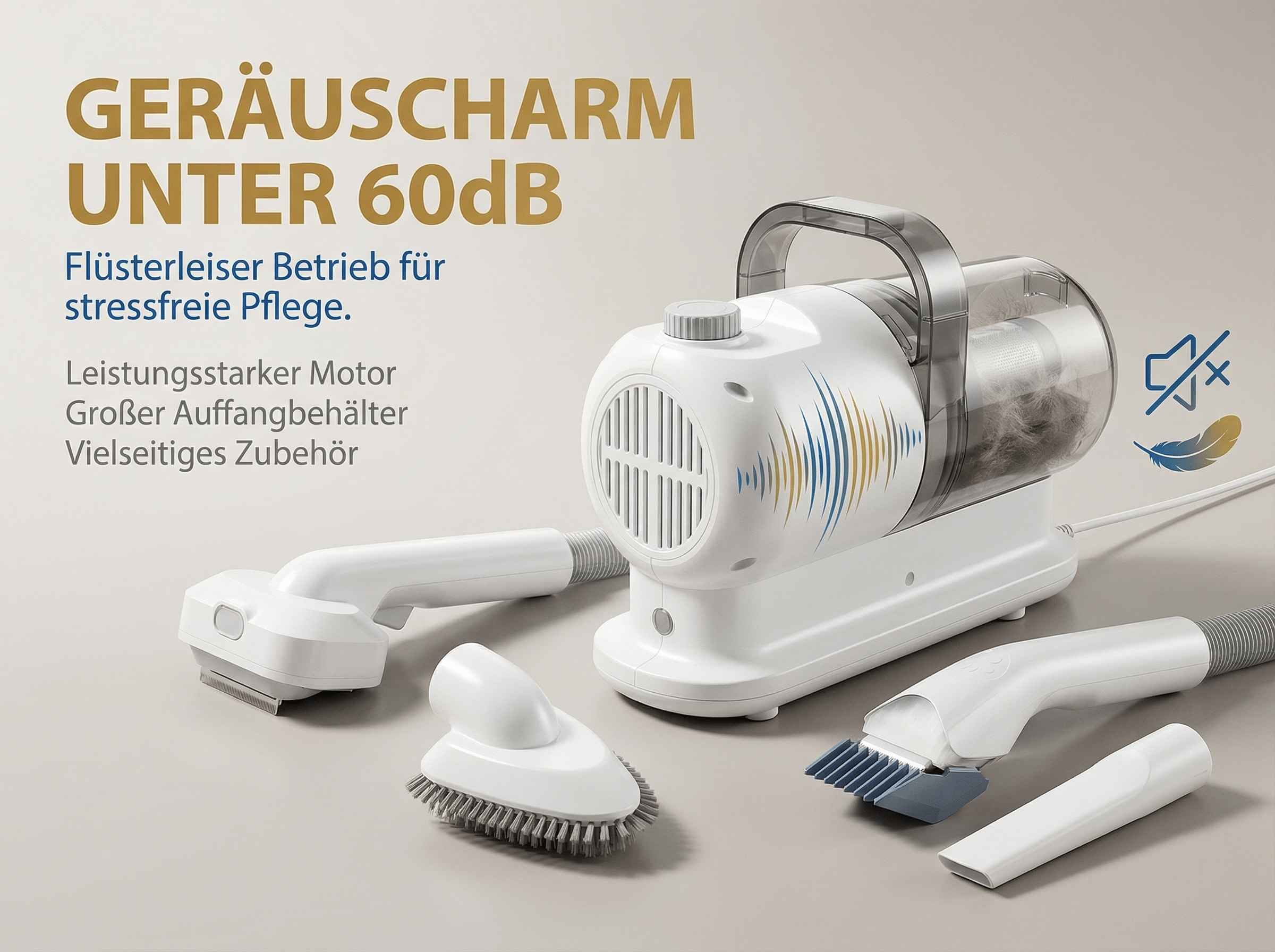 Geräuscharmes Gerät mit Zubehör. Text: Geräuscharm unter 60dB.