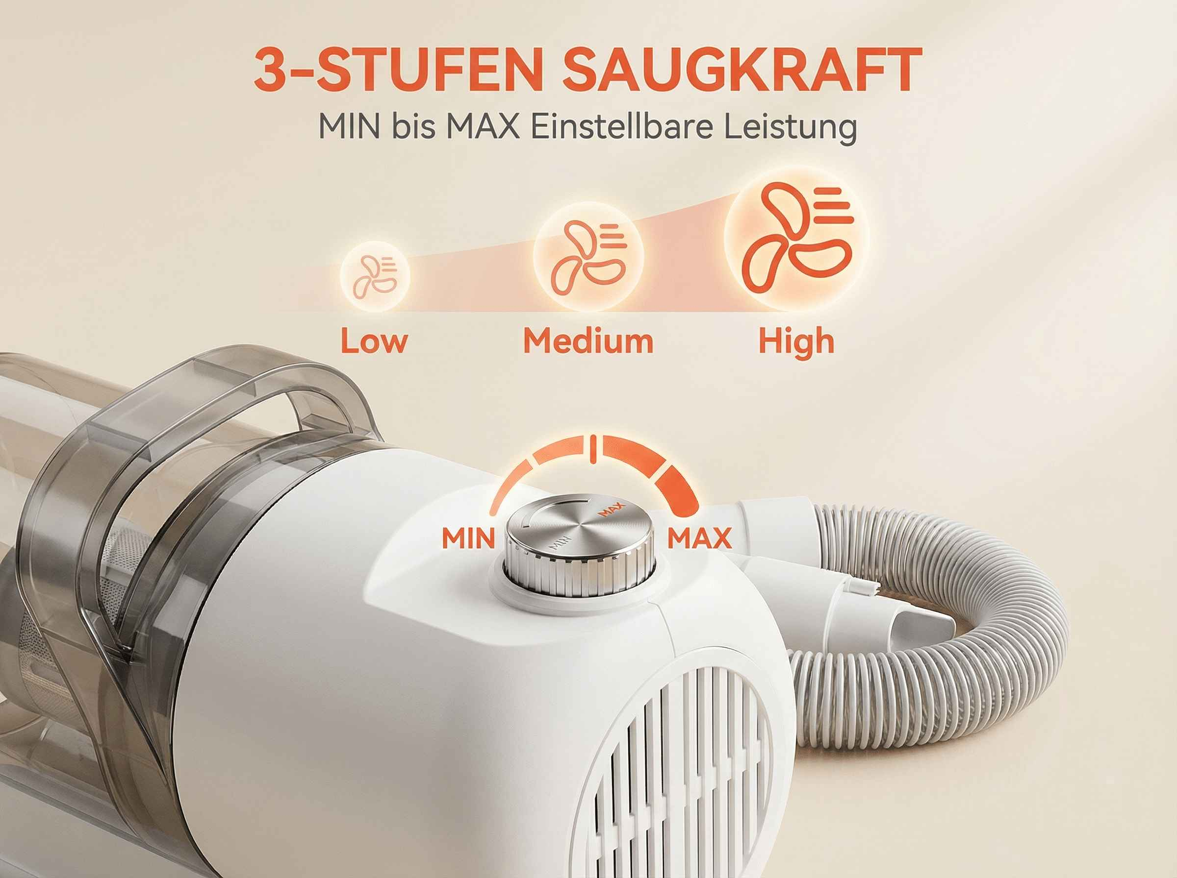 Nahaufnahme eines weißen Staubsaugers mit Einstellknopf für 3 Saugstufen.