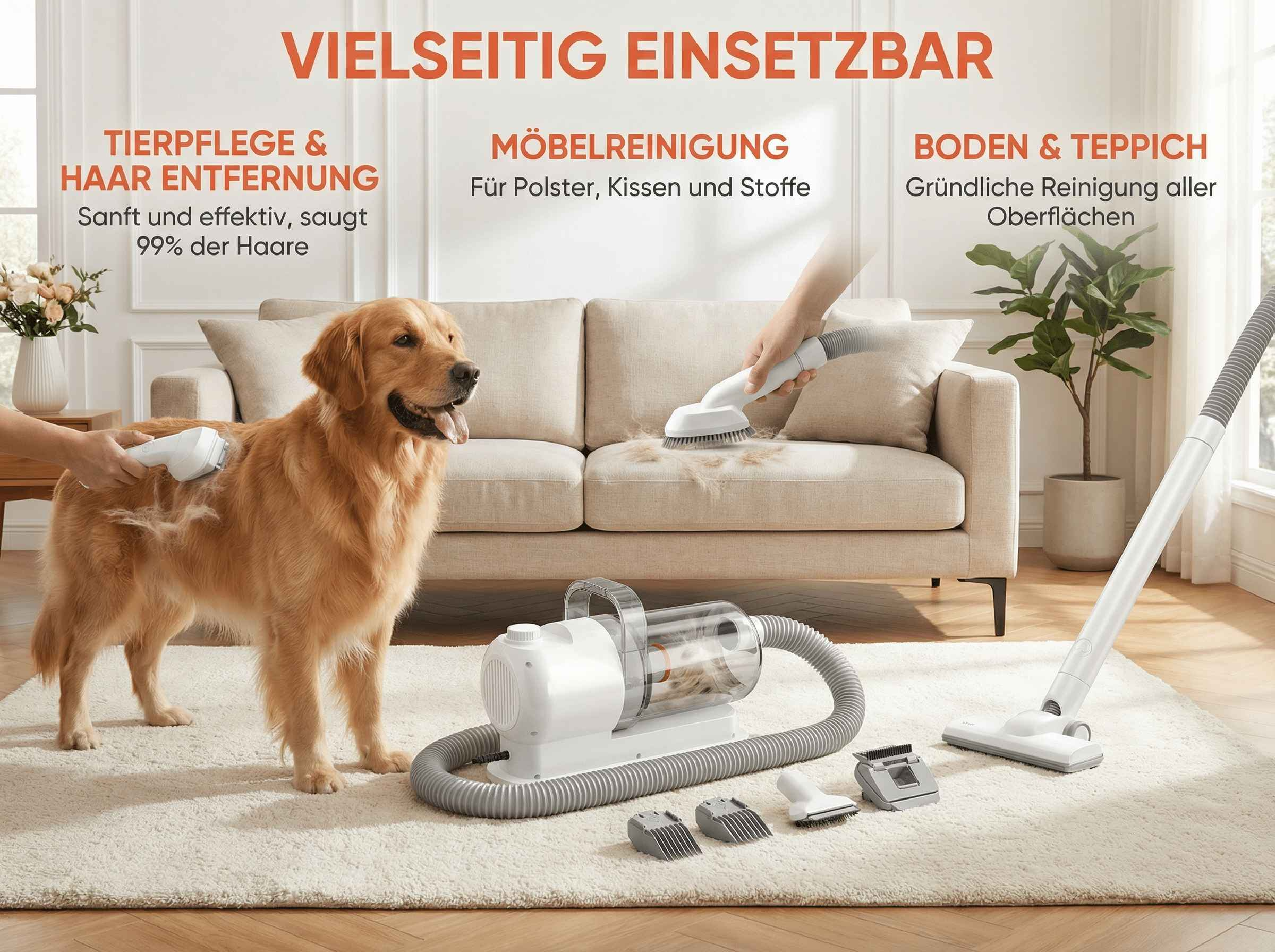 Ein Golden Retriever wird gebürstet. Ein Staubsauger reinigt ein Sofa und einen Teppich.