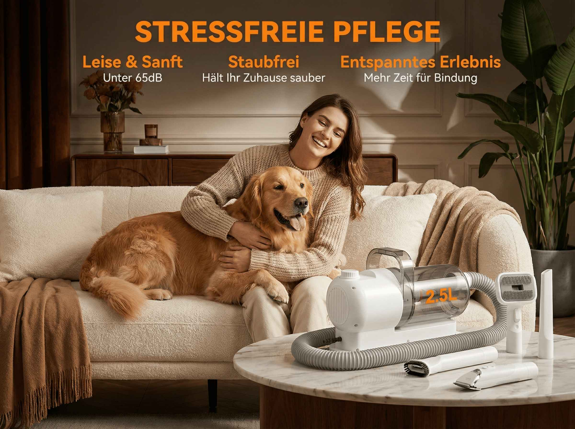 Frau umarmt Golden Retriever auf Sofa neben Pflegeset.