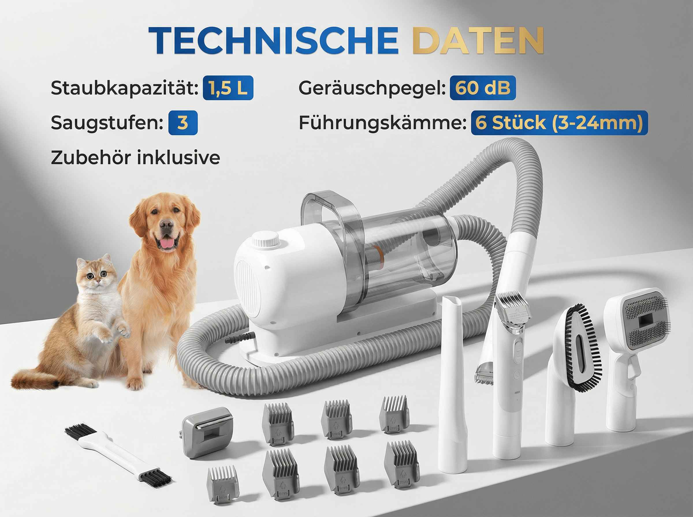 Ein Hund und eine Katze neben einem weißen Haustierpflege-Sauger mit Zubehör.