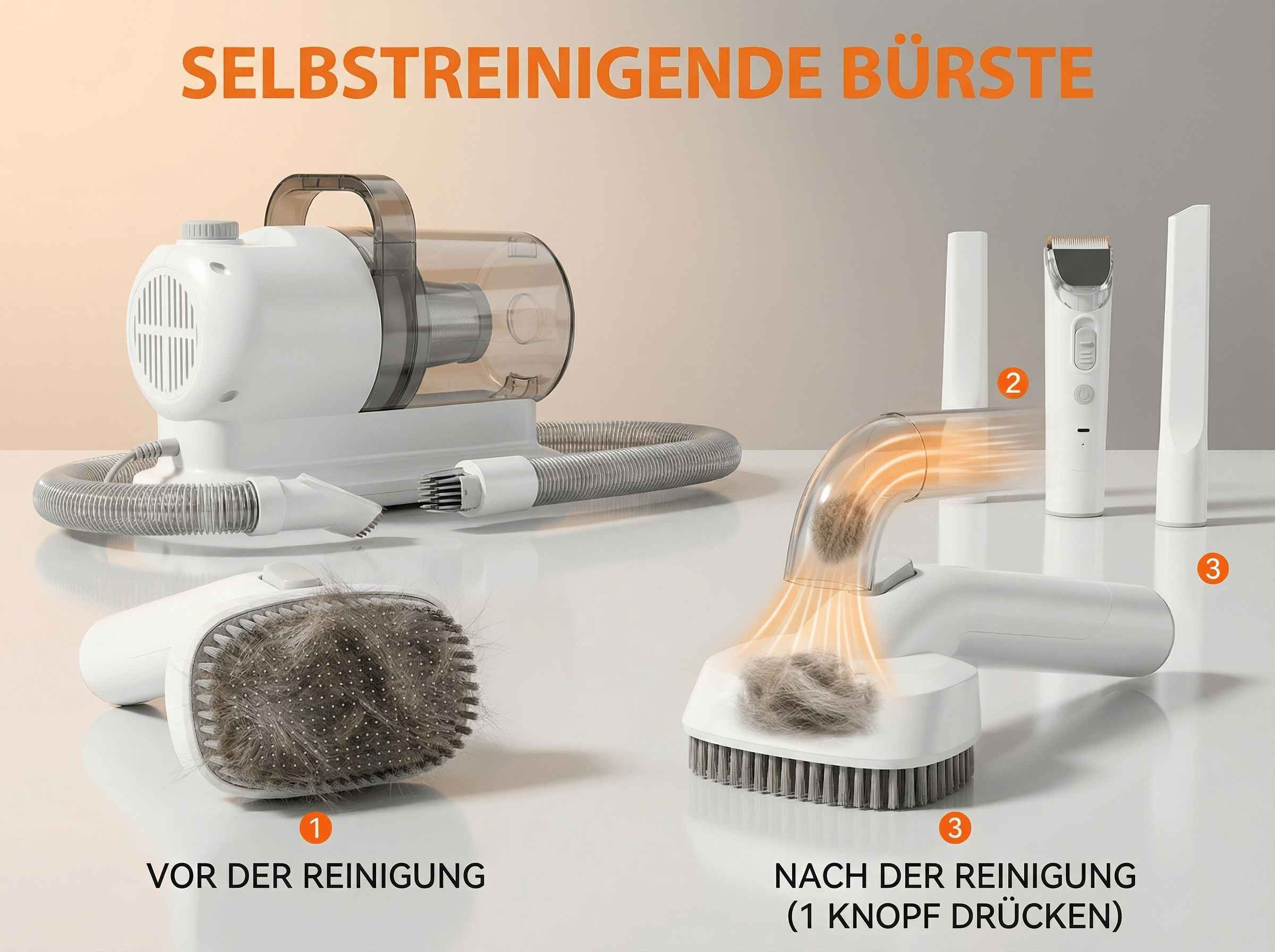 Selbstreinigende Bürste mit Sauger, vor und nach der Reinigung.