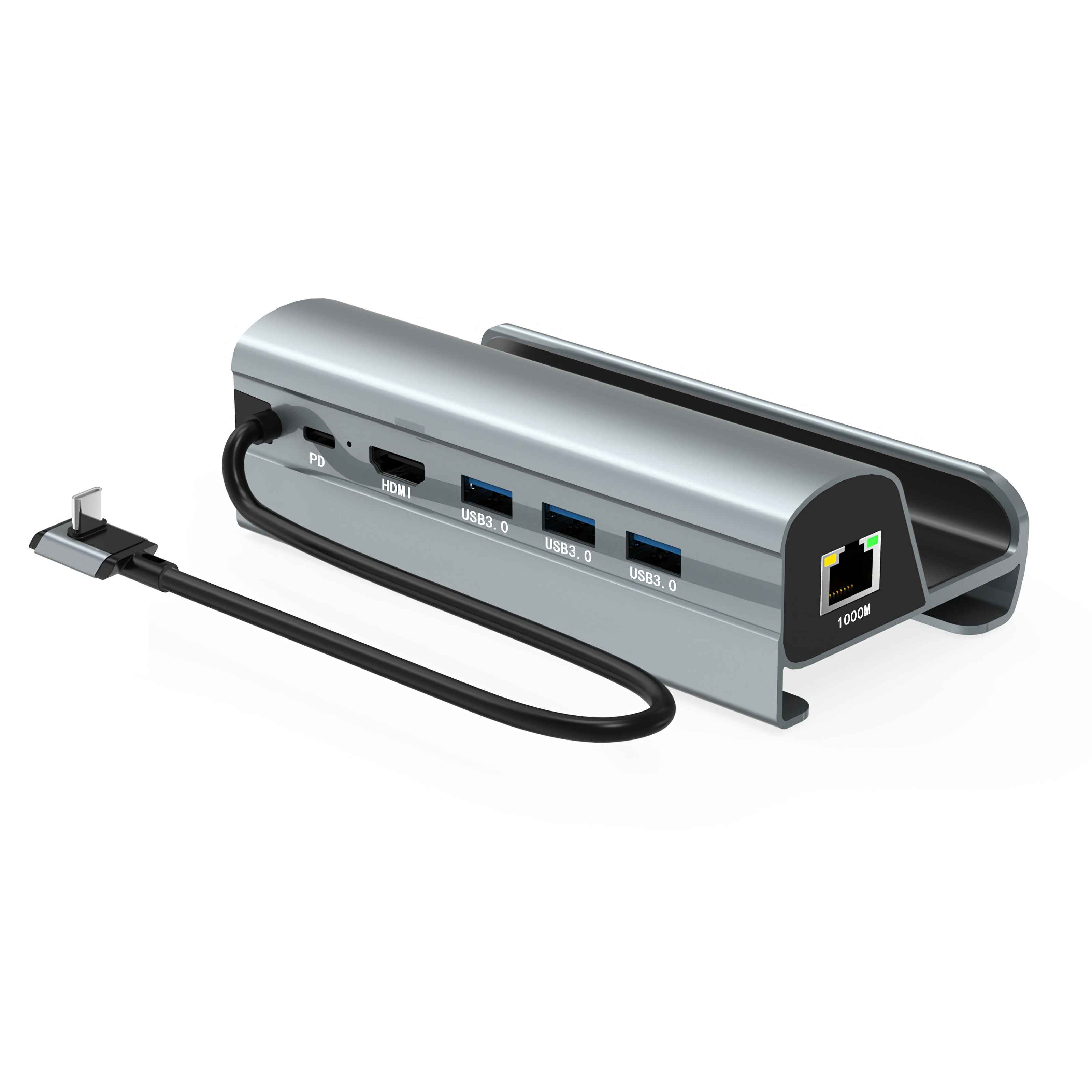 Grauer USB-C-Hub mit PD, HDMI, 3x USB 3.0 und 1000M Ethernet-Anschluss.