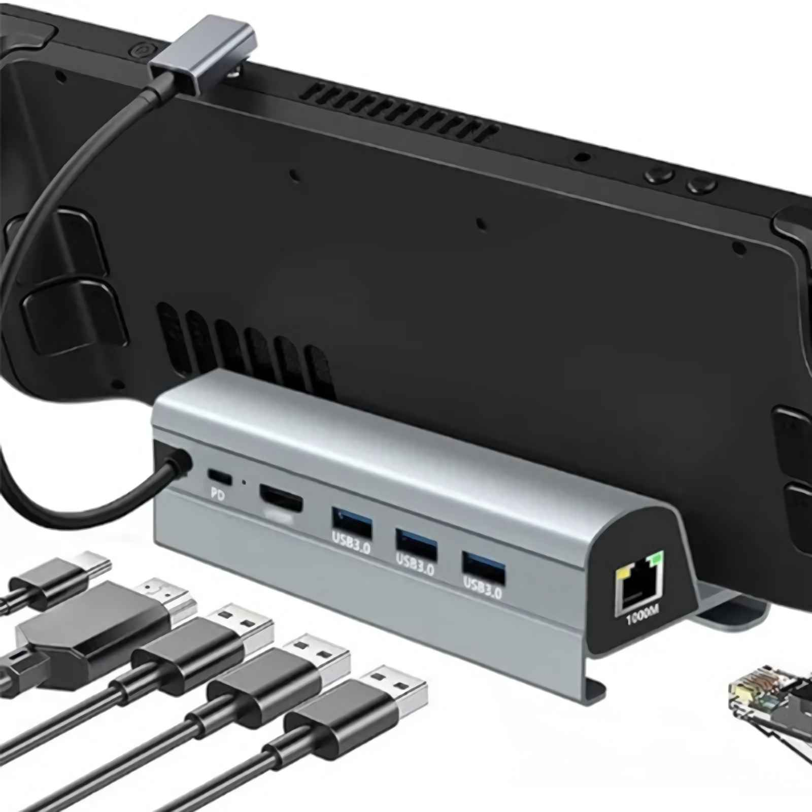Ein graues Dock mit USB-C-Anschluss, verbunden mit einem schwarzen Gerät.