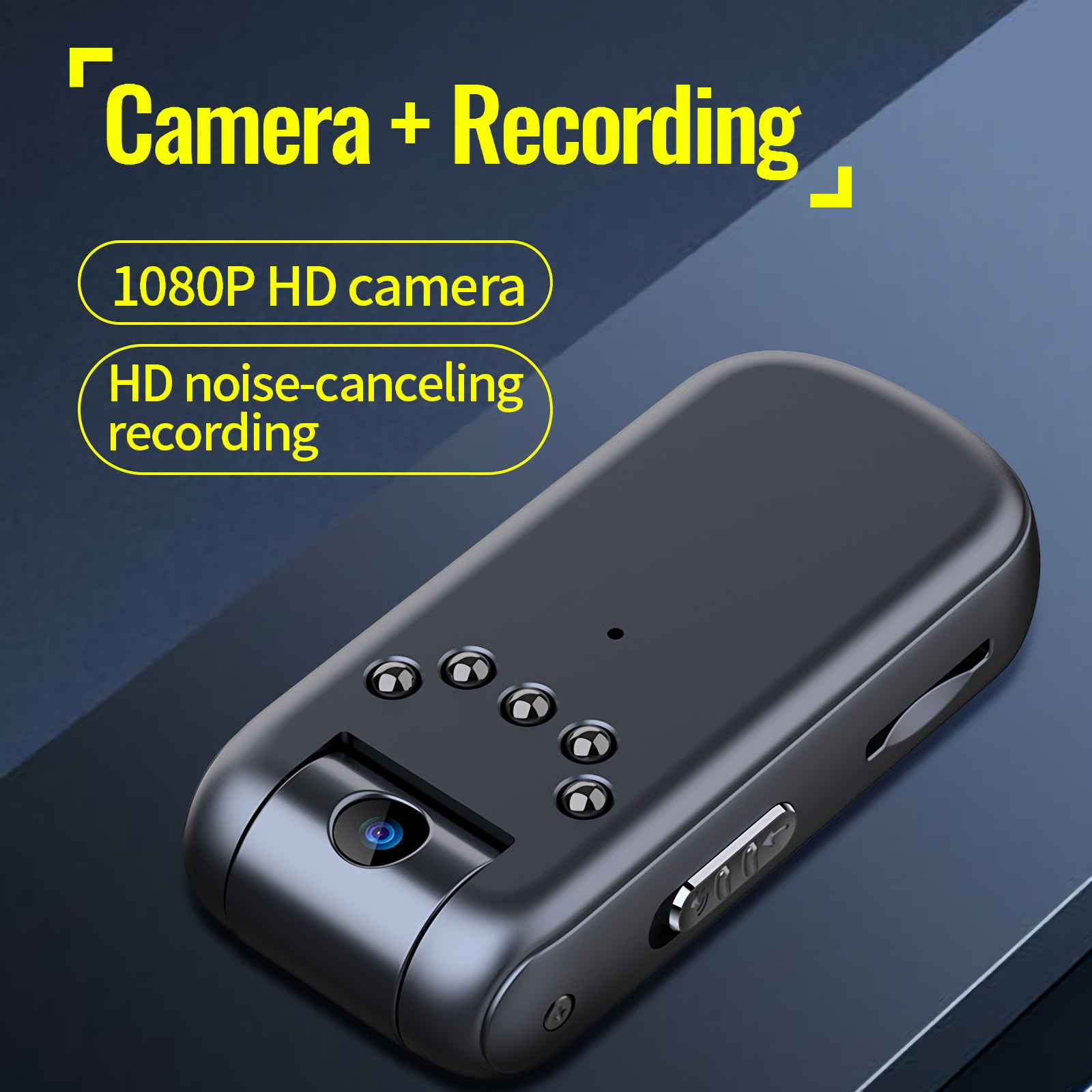 Kompakte schwarze Kamera mit 1080P HD und Geräuschunterdrückung.