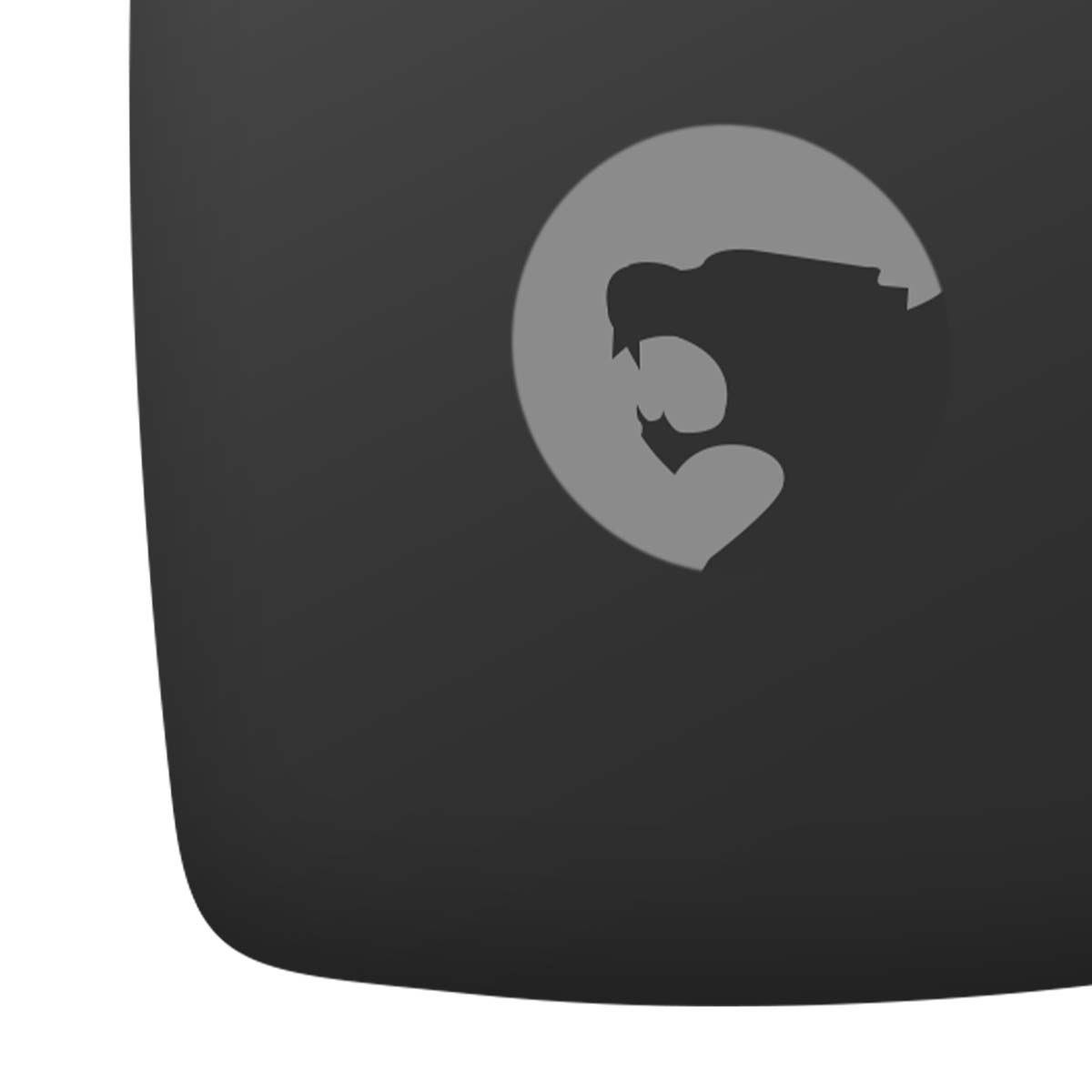 Logo grigio di gorilla di profilo su sfondo nero.