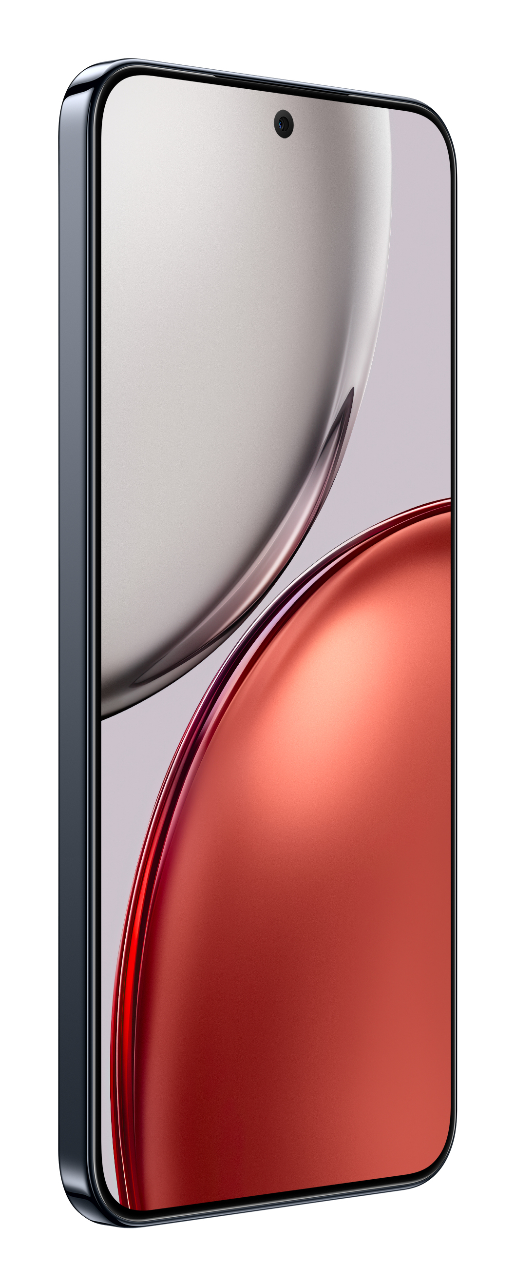 Ciemny smartfon z czerwono-srebrnym gradientem na ekranie.