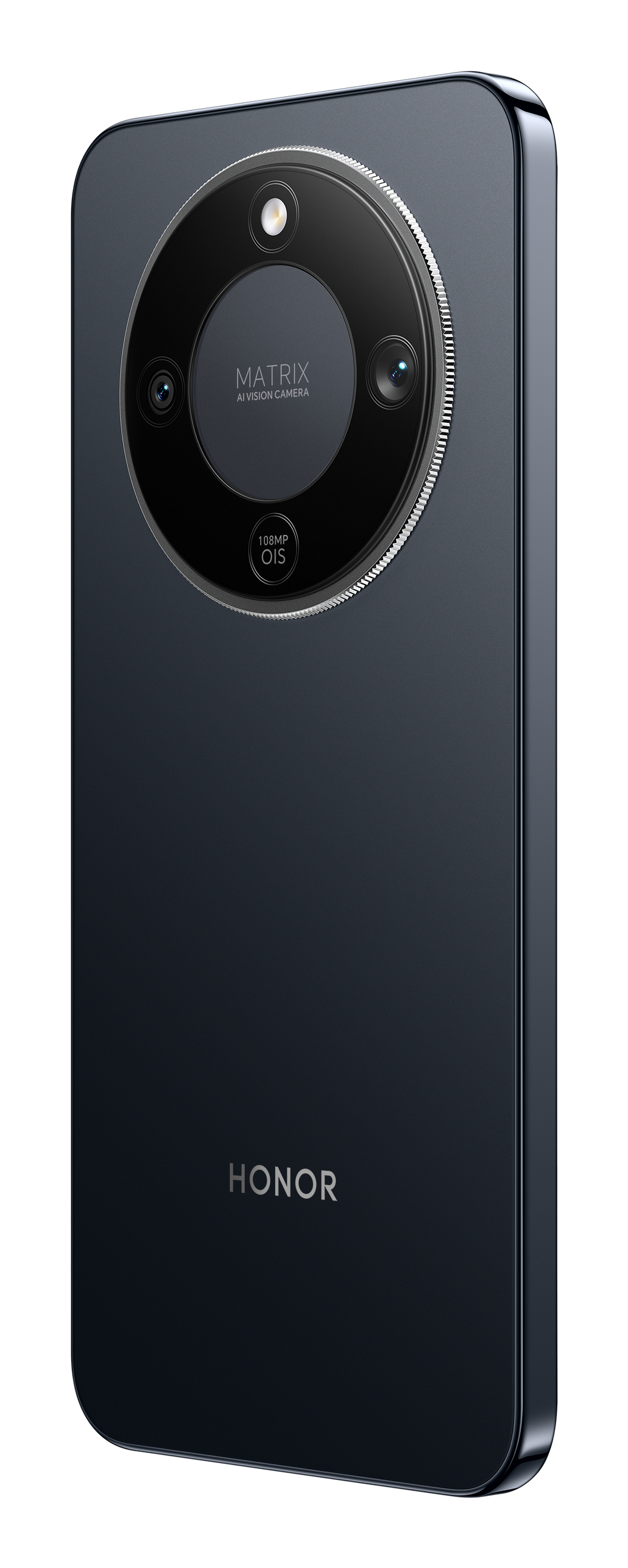 Ciemnoniebieski smartfon z aparatem macierzowym i logo HONOR.