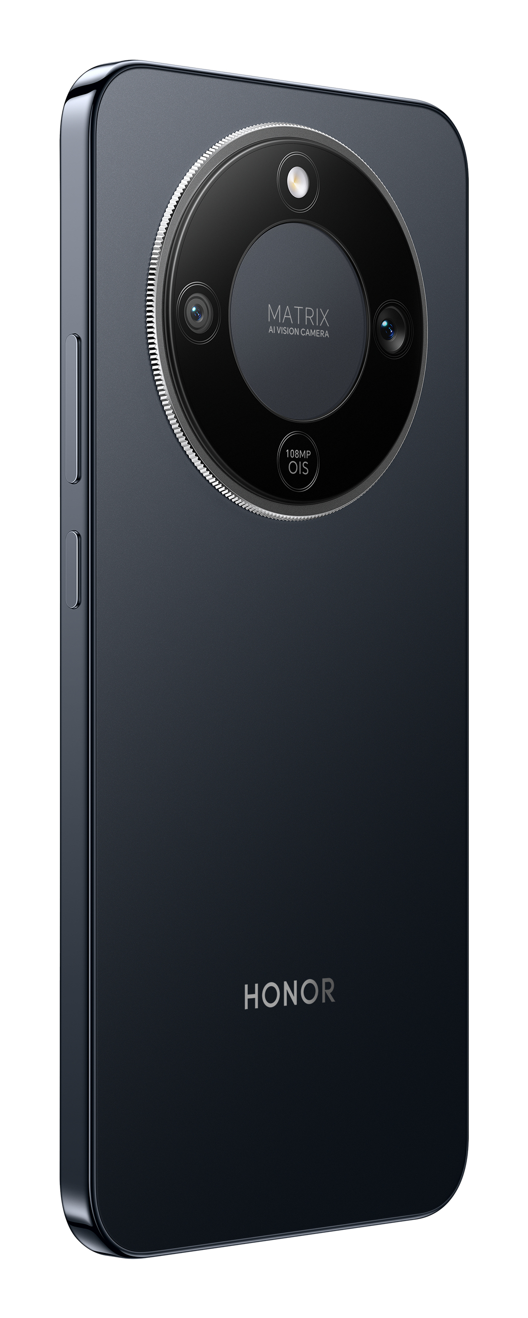 Ciemnoniebieski smartfon Honor z potrójnym aparatem i 108MP OIS.