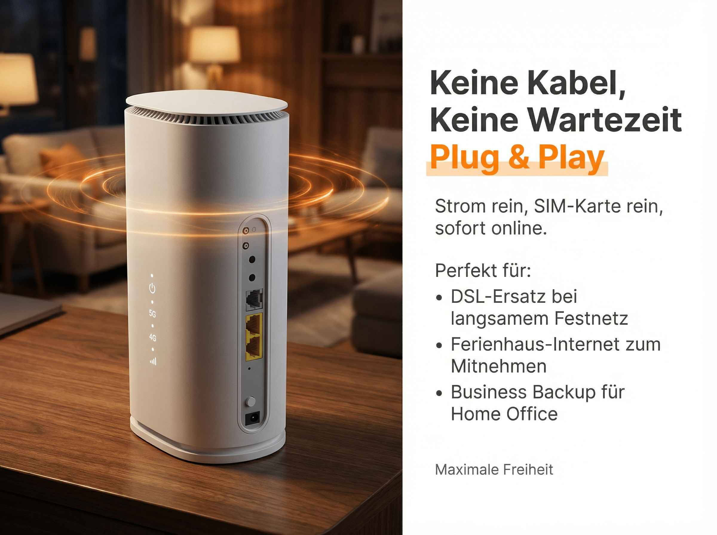 Ein weißer Router steht auf einem Holztisch, daneben ein Sofa.