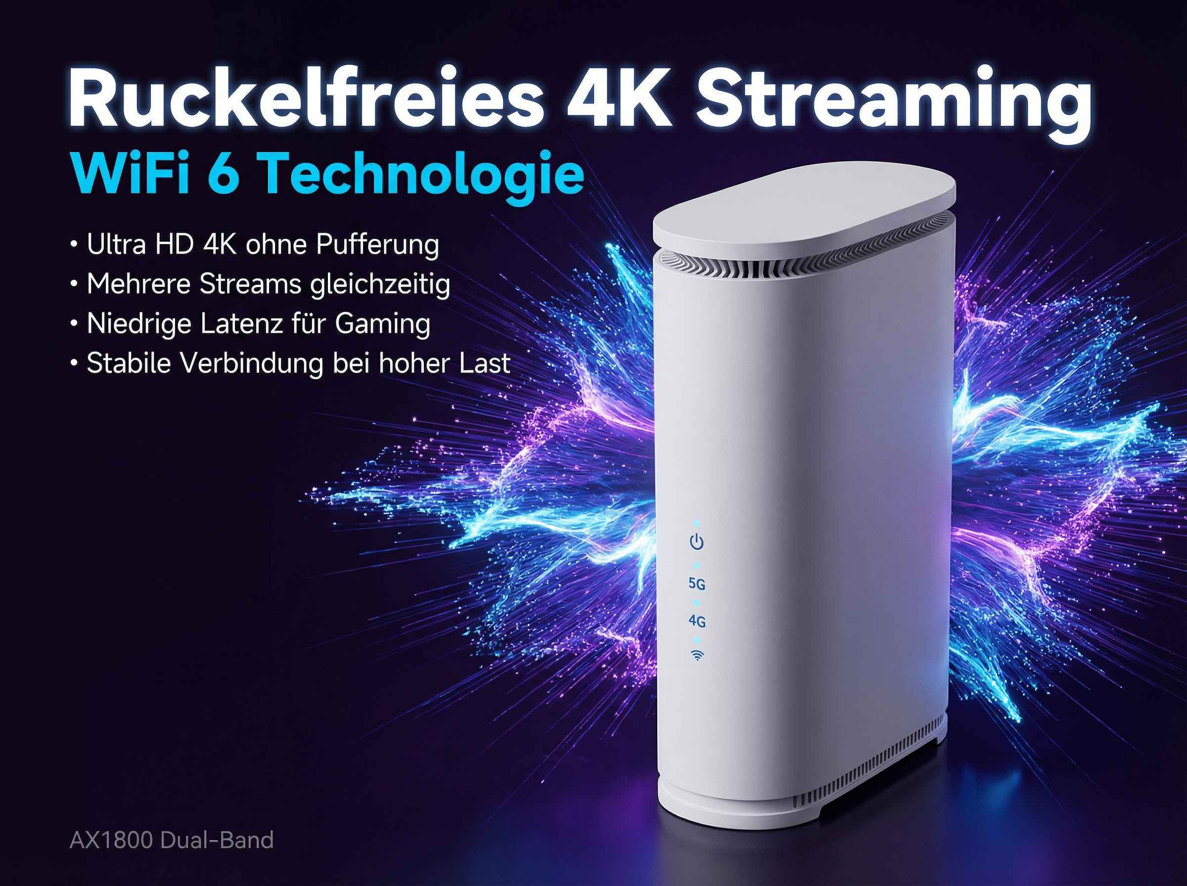 Ein weißer Router mit leuchtenden blauen und violetten Energieeffekten.