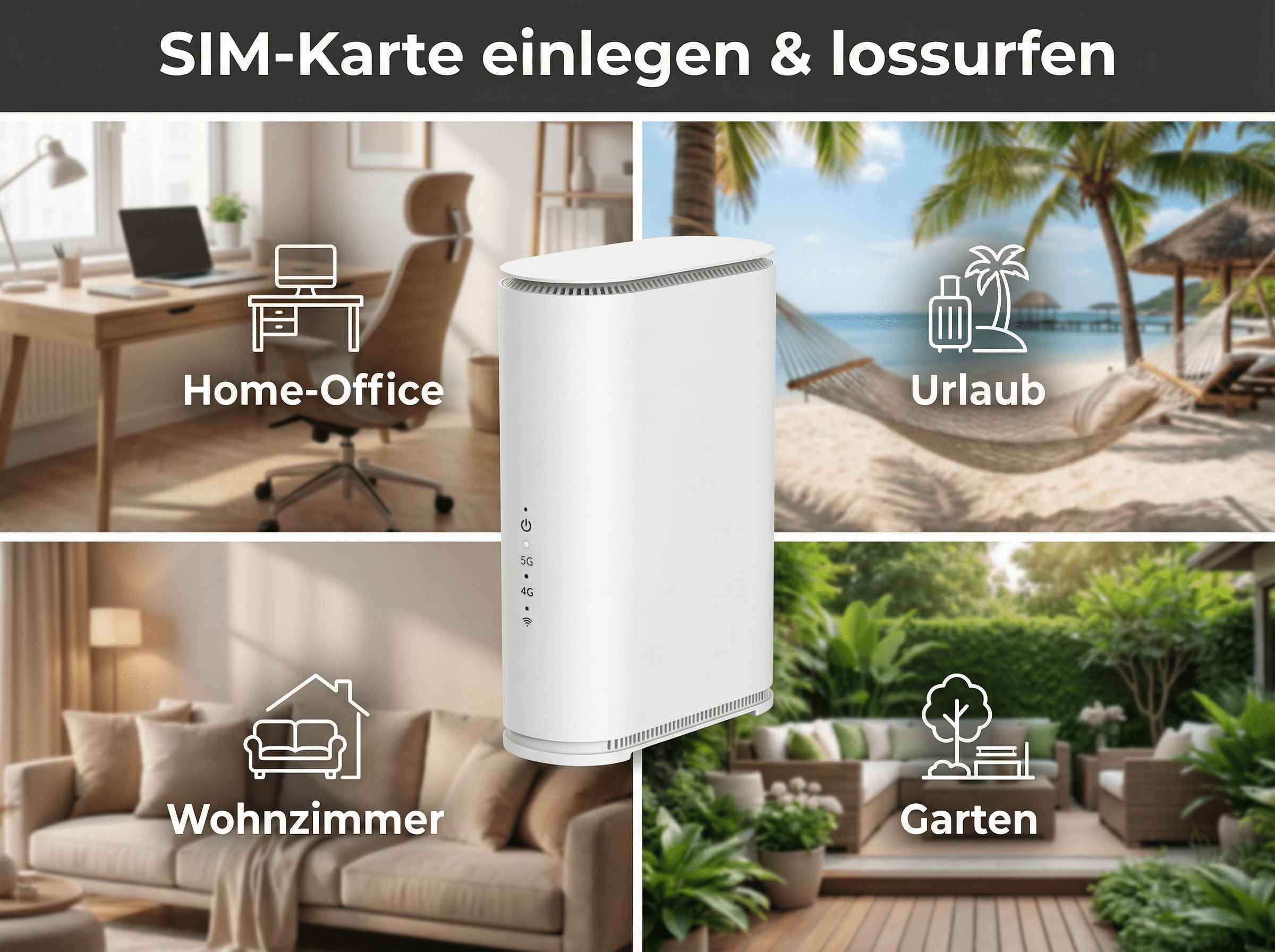 Einrichtung für Home-Office, Urlaub, Wohnzimmer und Garten mit 5G-Router.