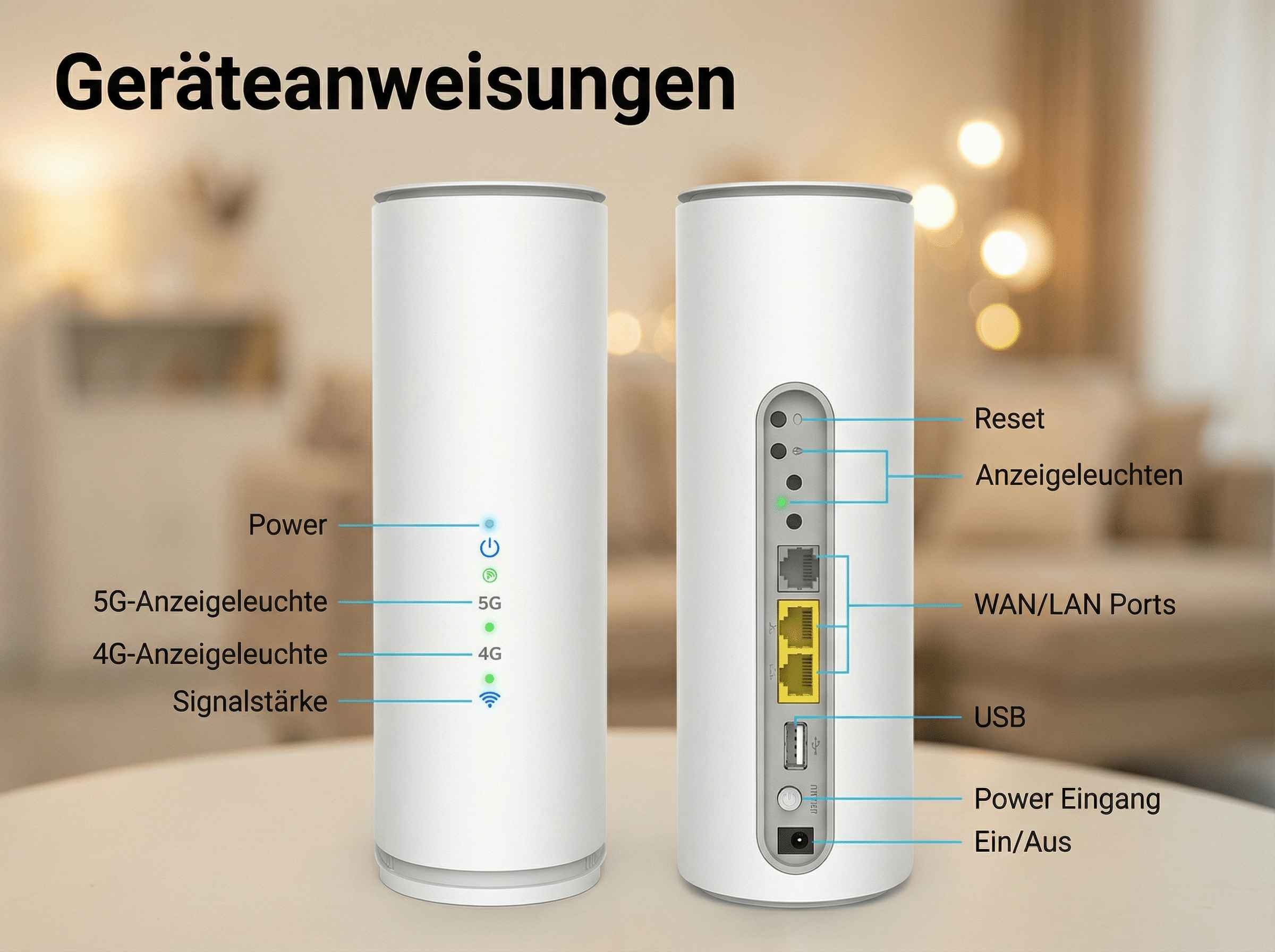 Zwei weiße Router, Vorder- und Rückansicht, mit Beschriftungen für Anschlüsse und LEDs.