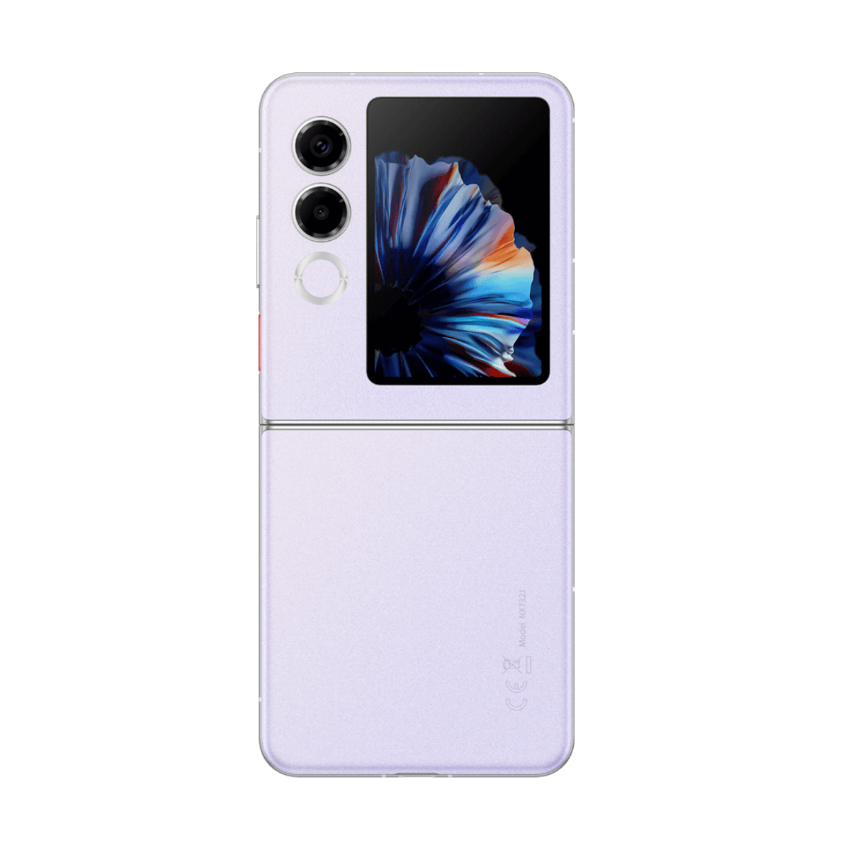 Jasnofioletowy telefon składany z dwoma aparatami i małym ekranem.