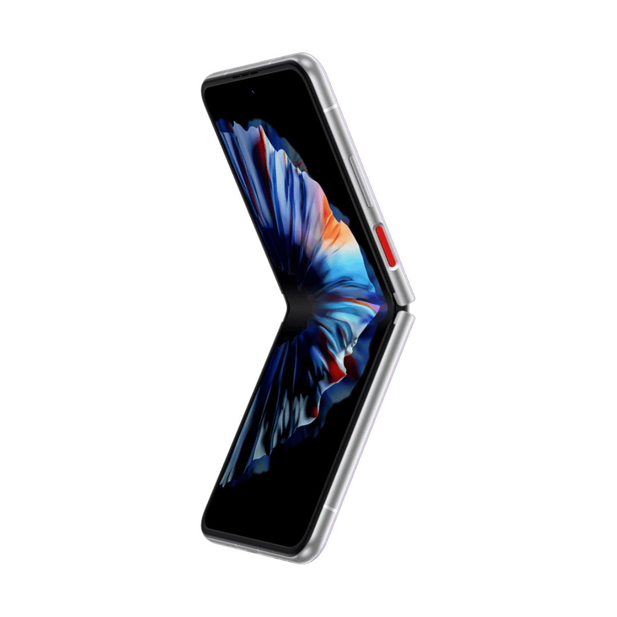 Srebrny telefon składany z kolorową tapetą, wpół otwarty.