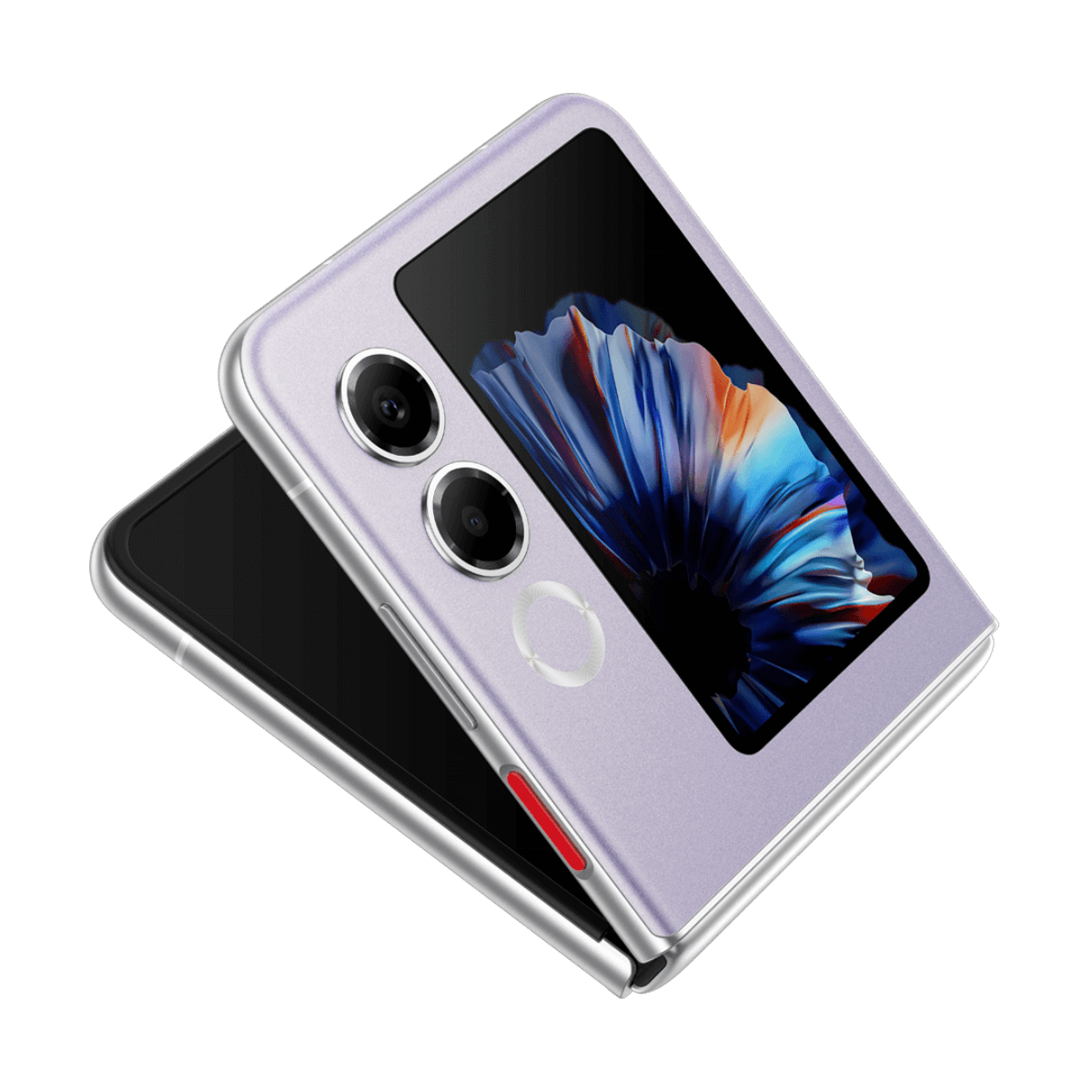 Fioletowy telefon z klapką, dwiema kamerami i małym ekranem zewnętrznym.