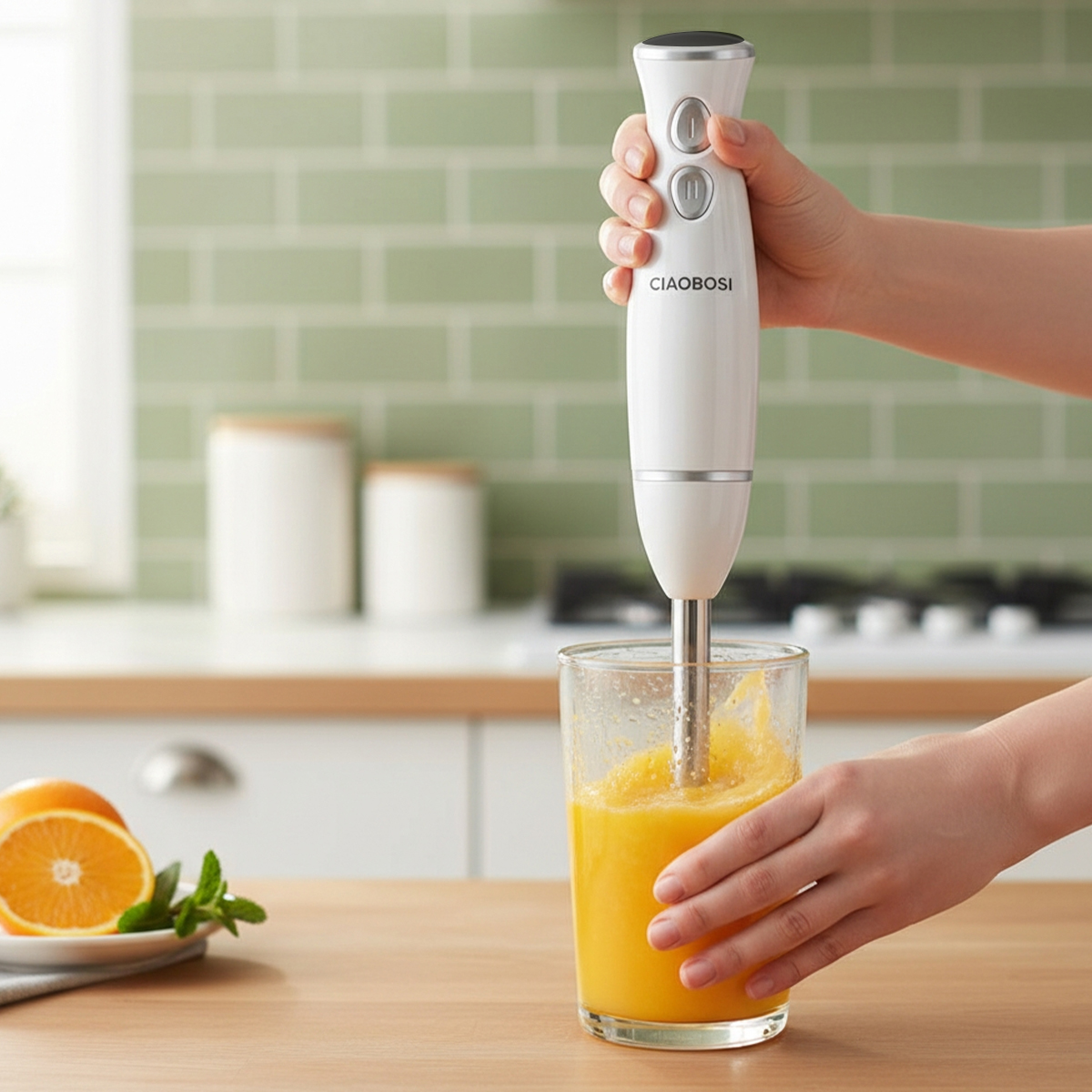 Weiße Hand-Stabmixer-Maschine mixt orangen Saft in einem Glas.