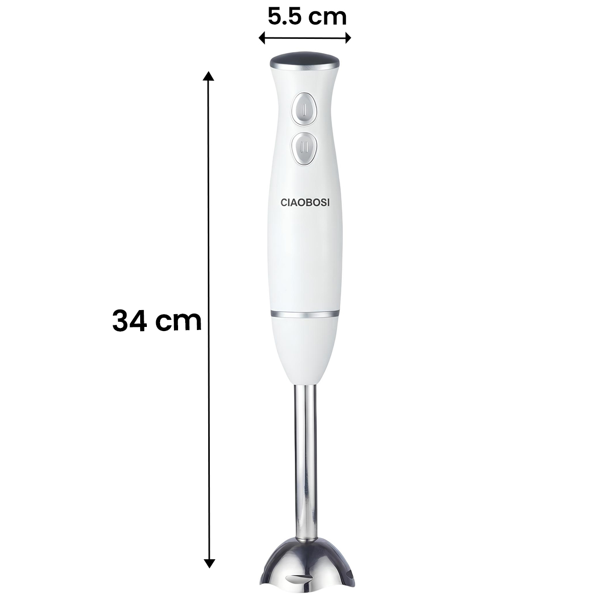 Ein weißer Handmixer mit Edelstahlstab und Klingenkopf, 34 cm lang.