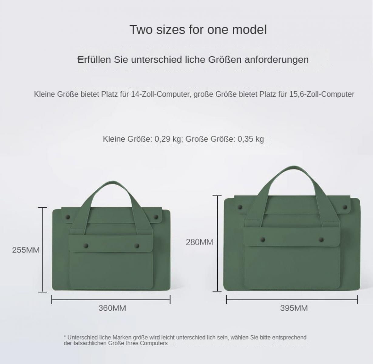 Zwei grüne Laptoptaschen, klein (360x255mm) und groß (395x280mm).