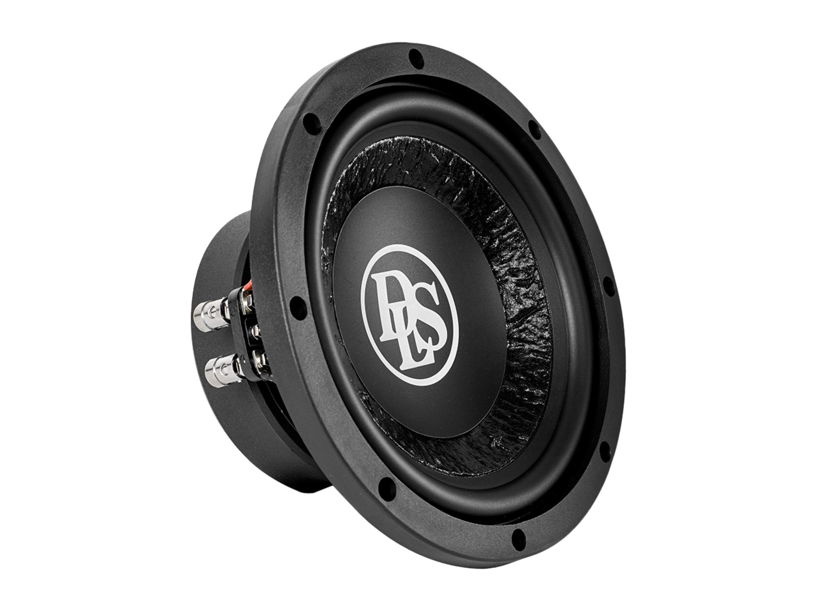 Schwarzer Subwoofer mit weißem Logo, auf weißem Hintergrund.
