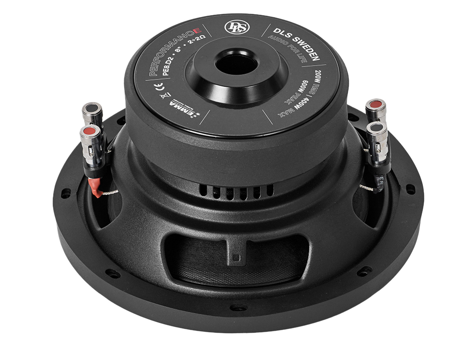 Schwarzer Subwoofer mit silbernen Anschlüssen und Beschriftung.