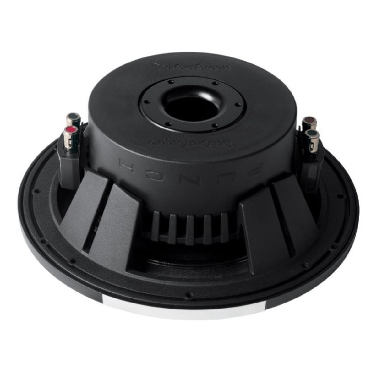 Schwarzer Subwoofer mit silbernem Ring und Anschlussklemmen.
