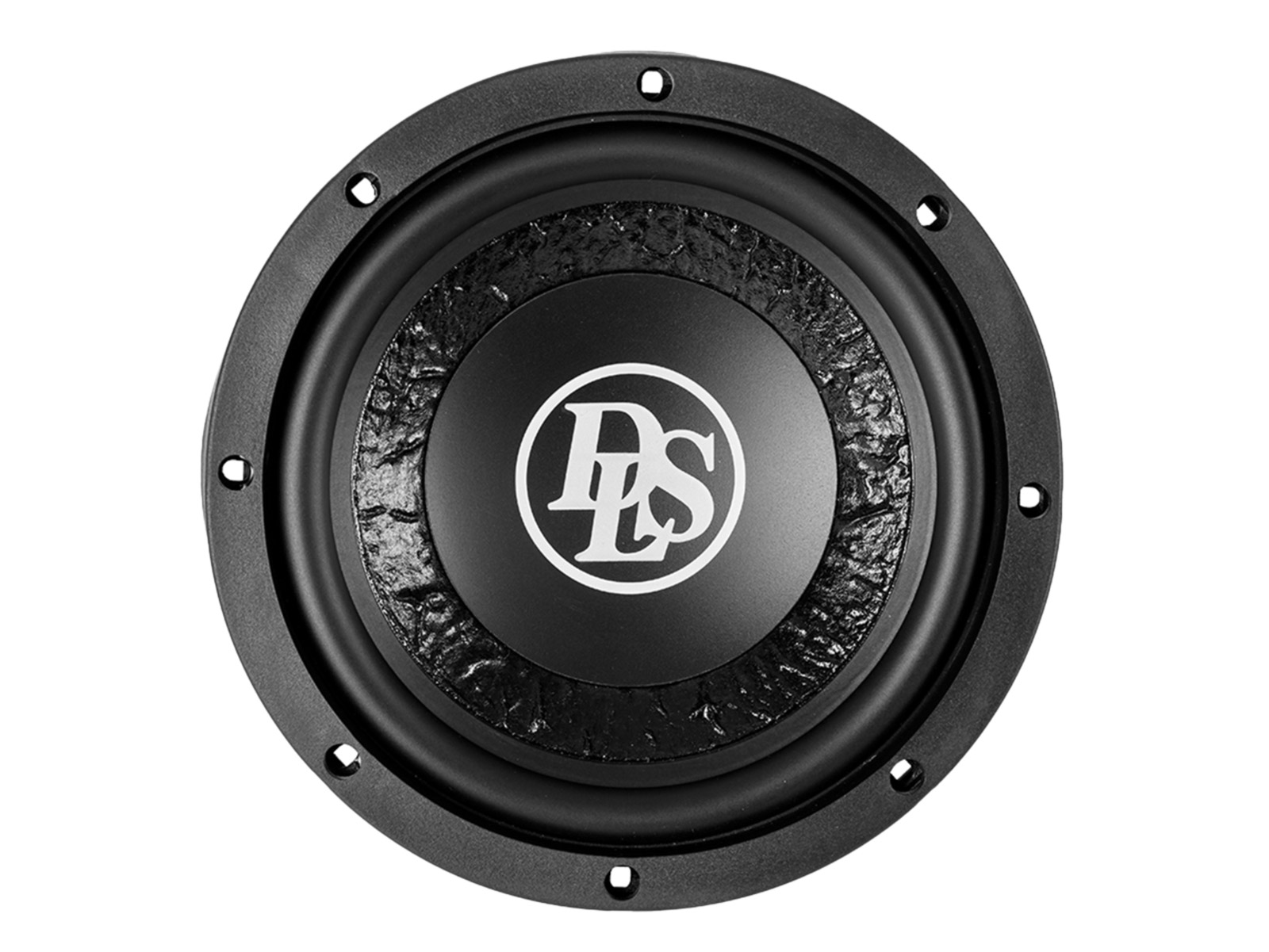 Schwarzer Subwoofer mit weißem Logo in der Mitte, auf weißem Hintergrund.