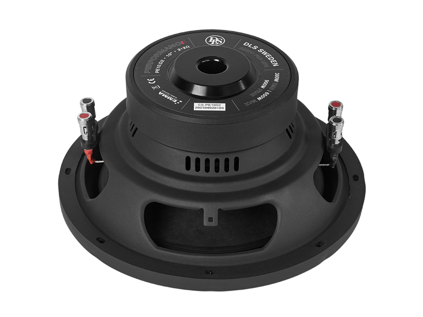 Schwarzer Subwoofer mit silbernen Anschlusspunkten und Beschriftung.