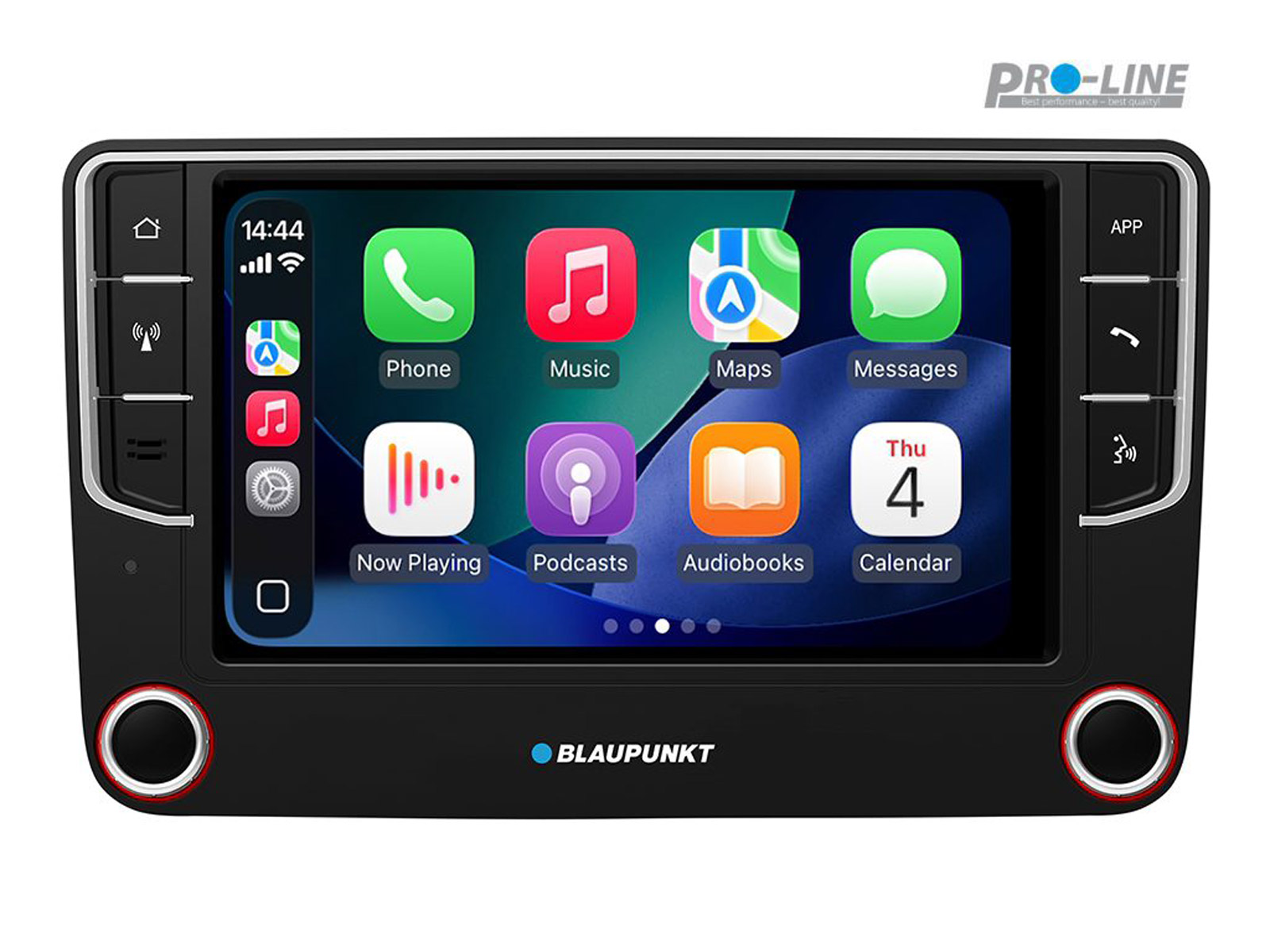 Ein Autoradio-Touchscreen mit App-Symbolen: Telefon, Musik, Karten, Nachrichten, Podcasts.