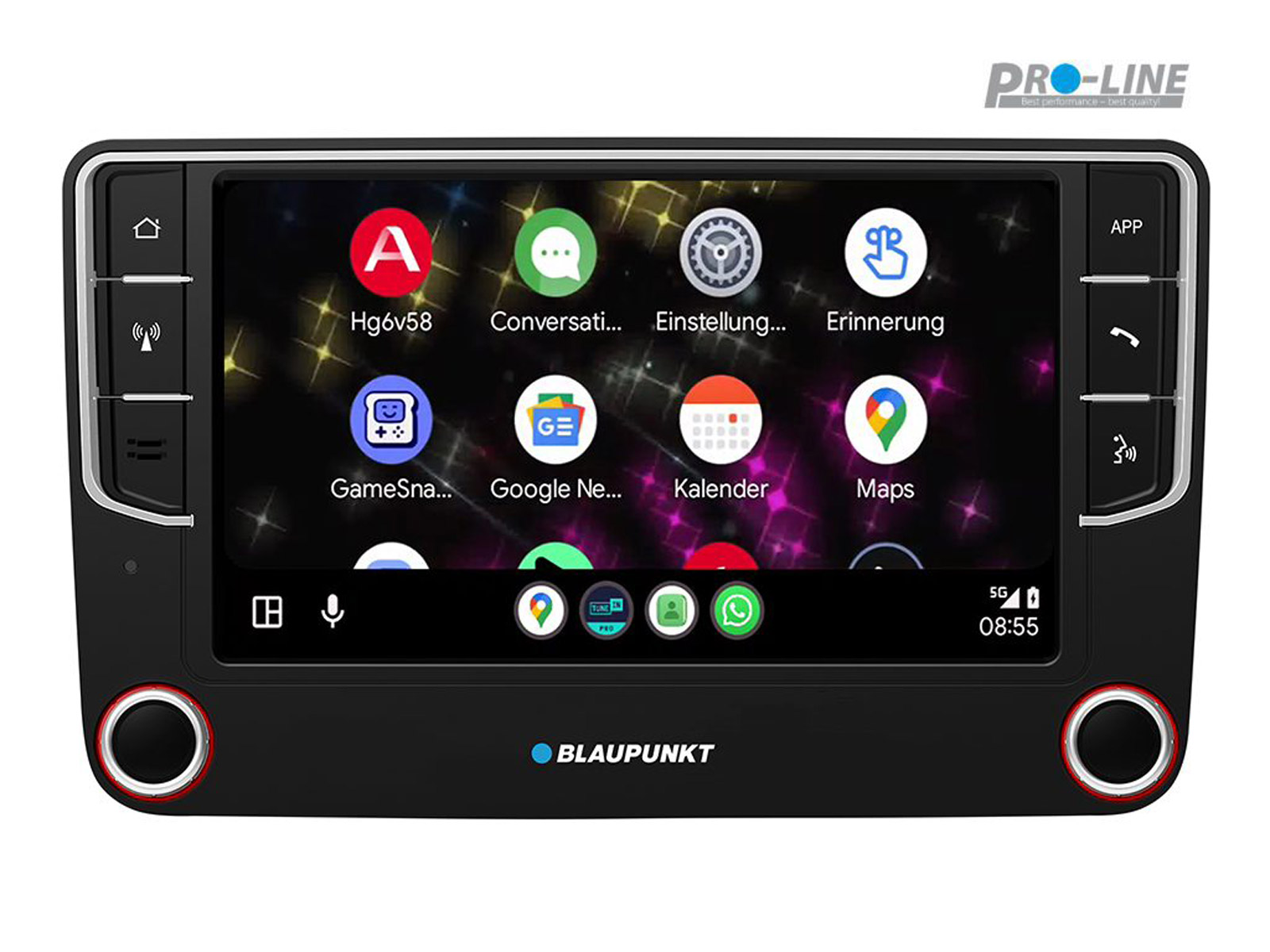 Ein Autoradio mit App-Symbolen wie A, Google Maps und Kalender. Blaupunkt-Logo unten.