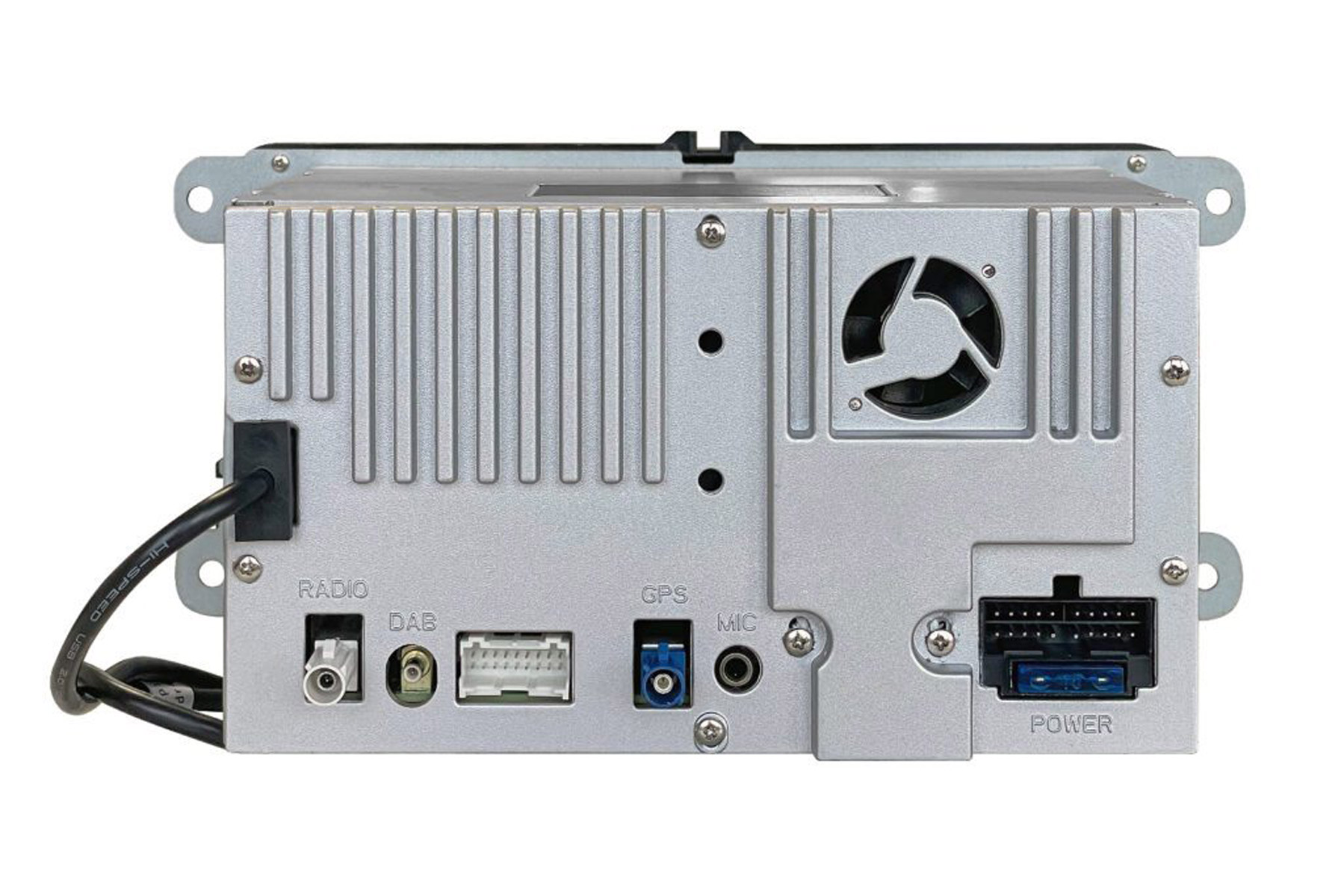 Rückseite eines Autoradios mit Lüfter, Anschlüssen für Radio, DAB, GPS, Mikrofon und Strom.