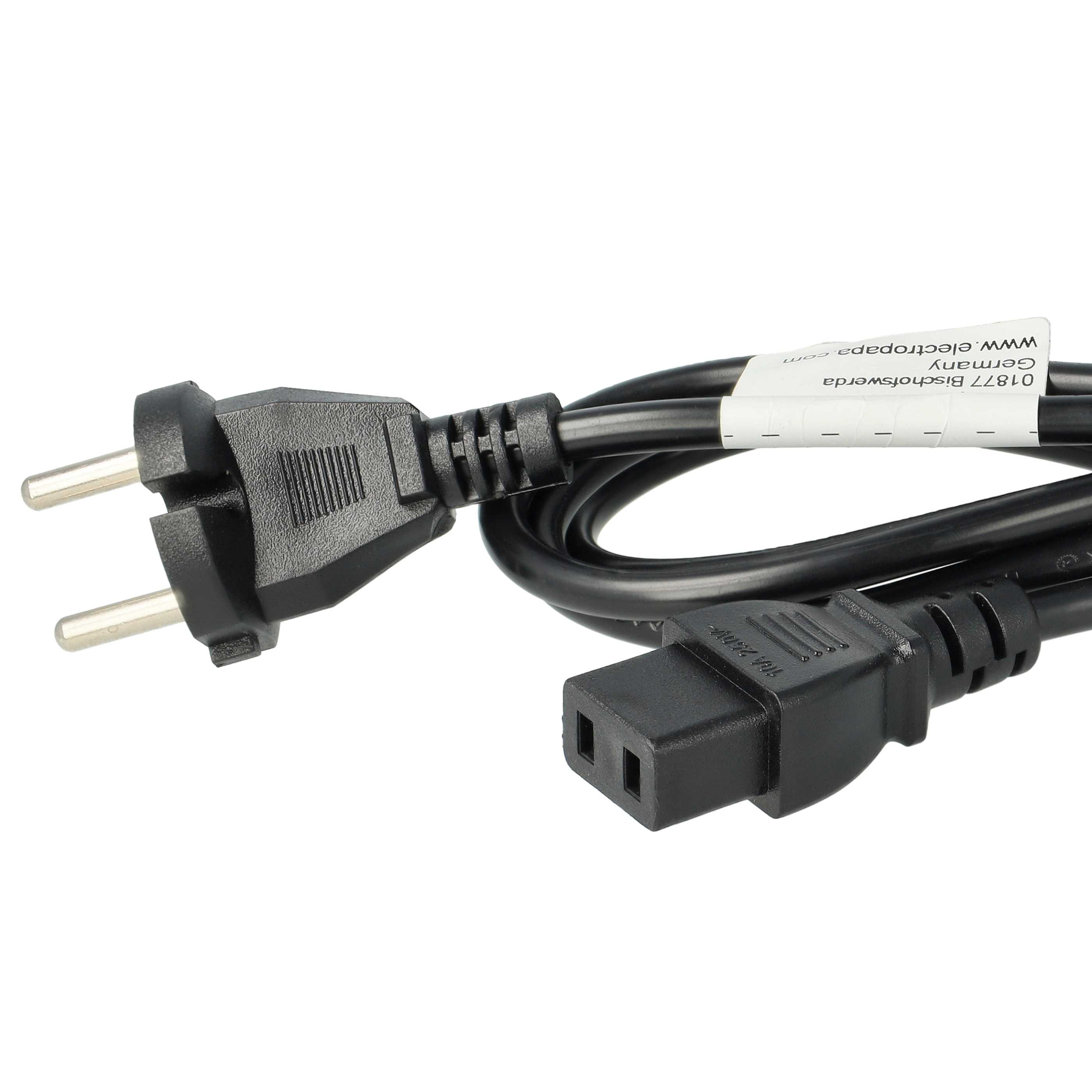 Ein schwarzes Stromkabel mit einem Stecker und einer Buchse auf weißem Hintergrund.