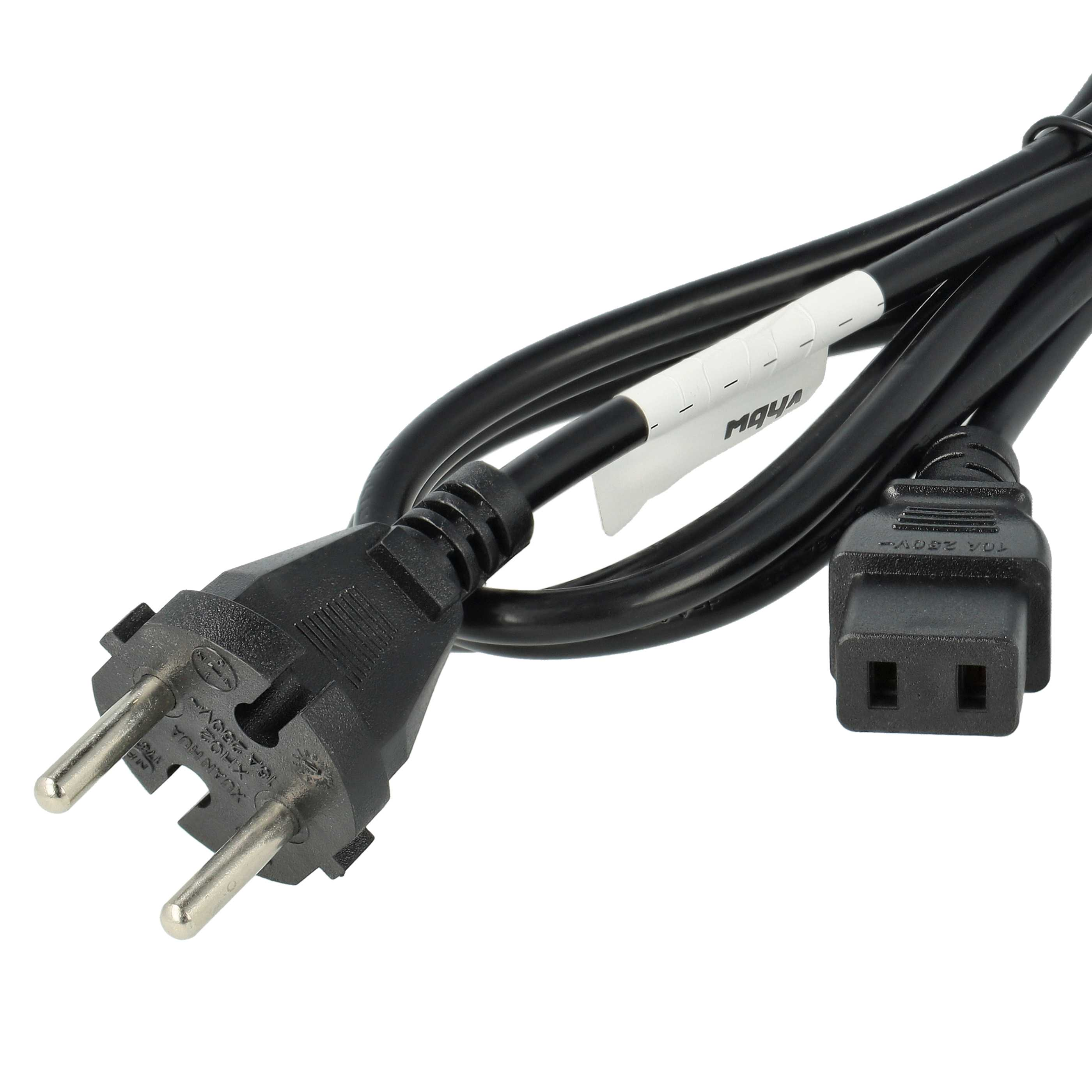 Ein schwarzes Stromkabel mit einem Eurostecker und einem C7-Stecker.