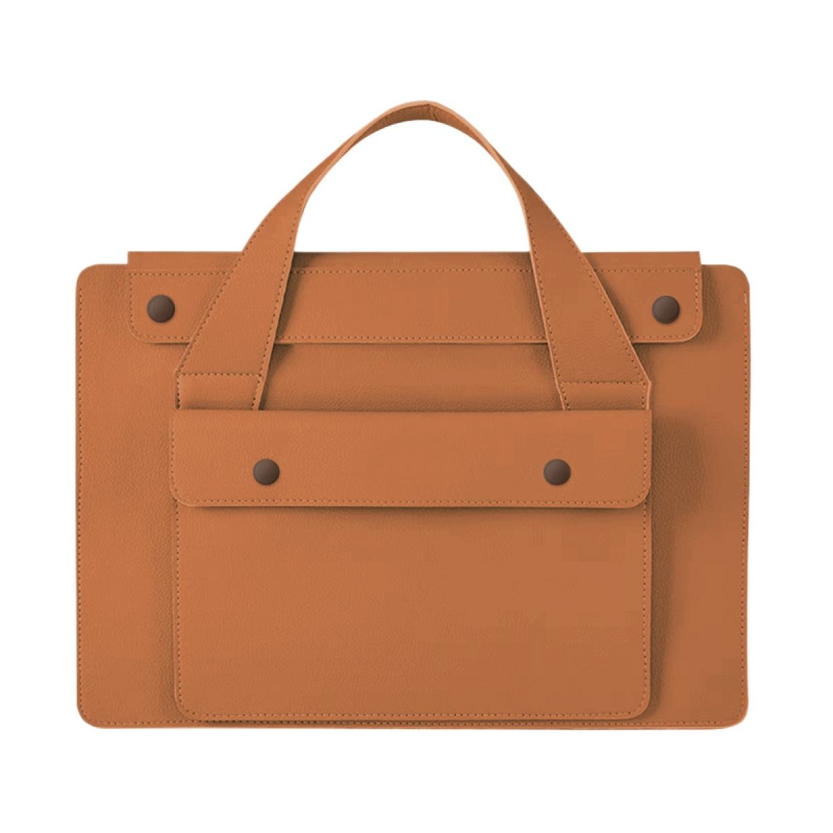 Eine braune Ledertasche mit Griffen und einer Fronttasche mit Knopfverschluss.