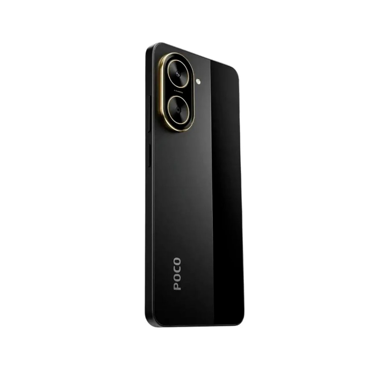 Uno smartphone nero con due fotocamere e accenti dorati.
