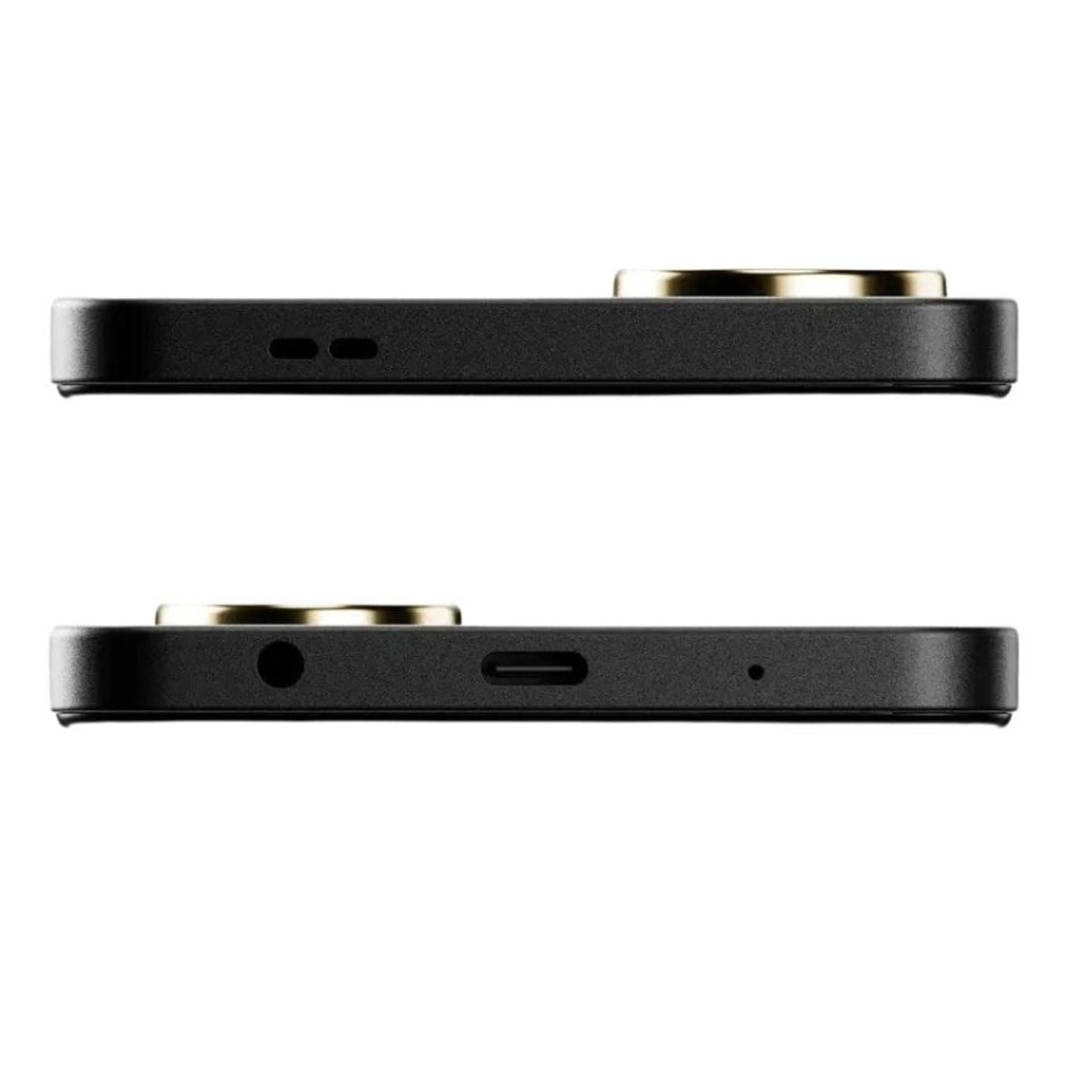 Primo piano vista laterale di uno smartphone nero con accenti dorati.