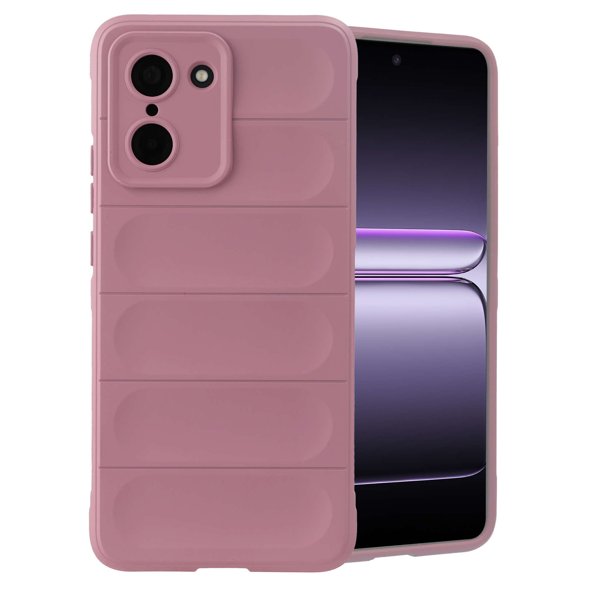 Een roze telefoonhoesje met horizontale strepen naast een smartphone.