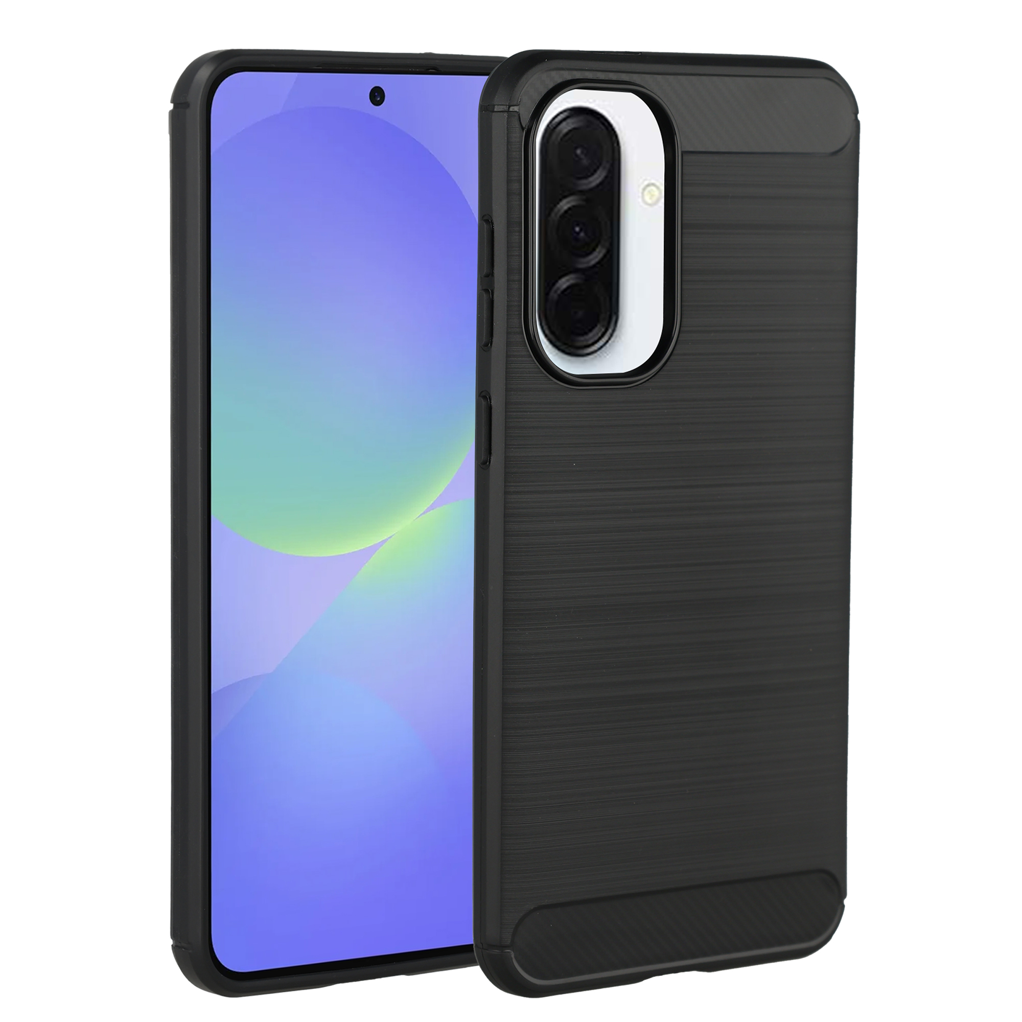 Zwarte telefoon met camera's en blauw scherm op witte achtergrond.