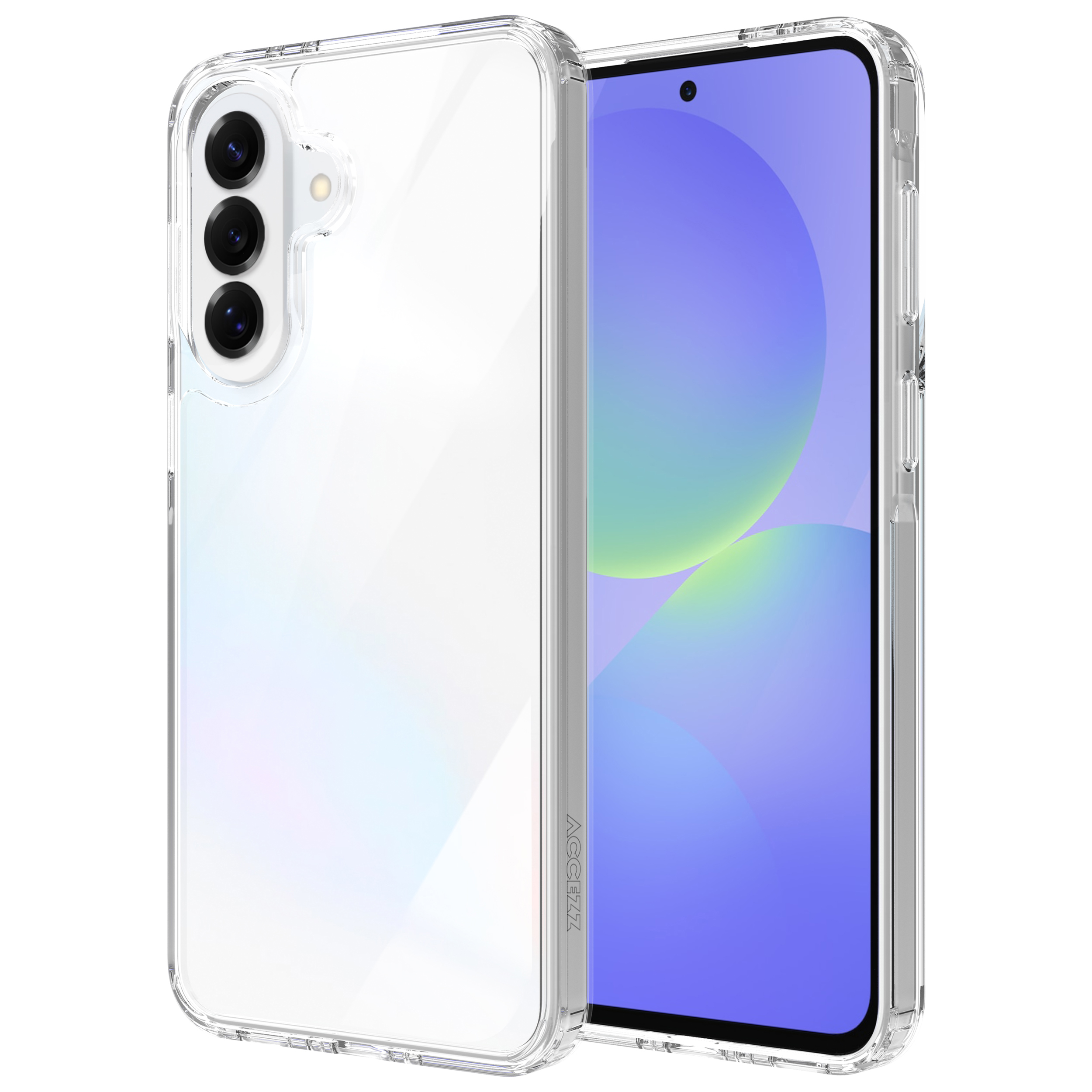 Een doorzichtige telefoonhoes met drie cameralenzen aan de achterkant.