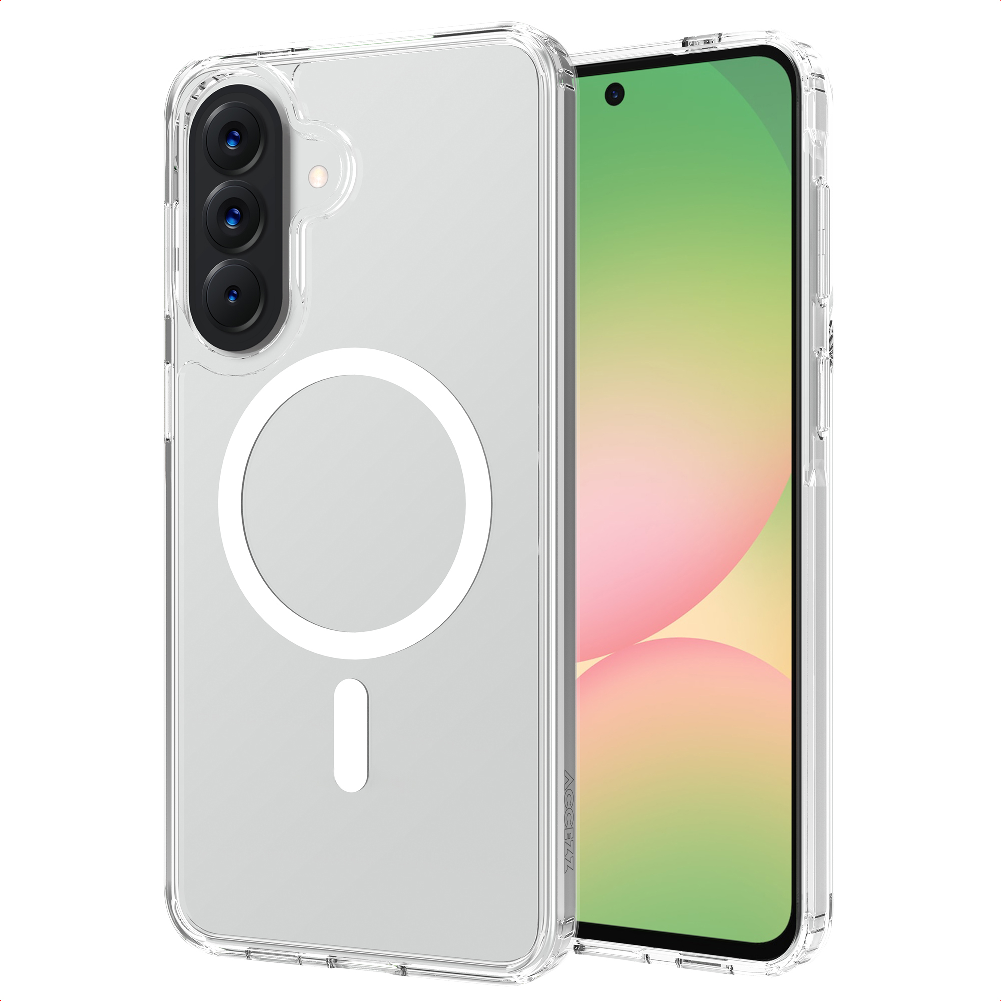 Coque transparente avec anneau magnétique, sur un téléphone à fond dégradé.