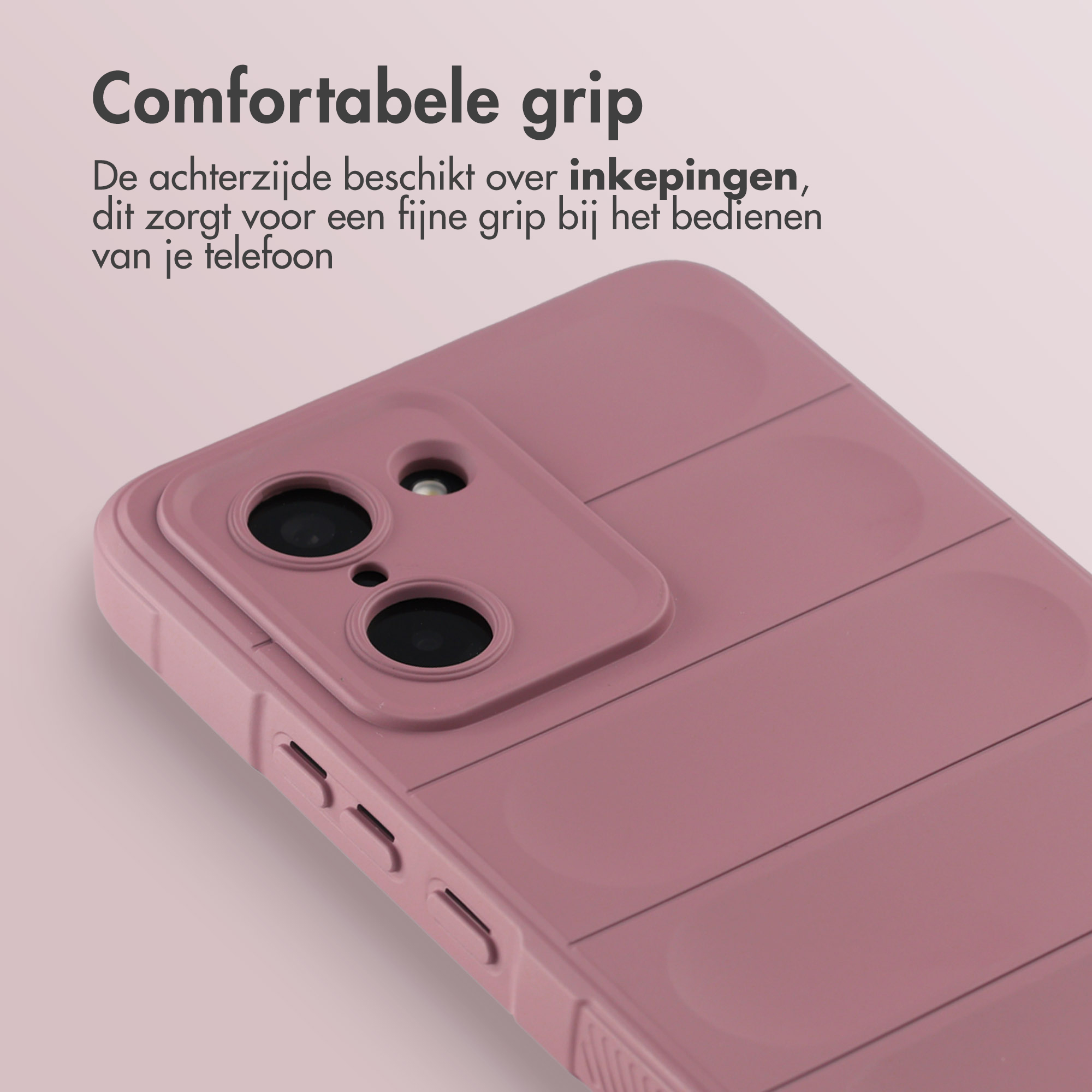 Een roze telefoonhoesje, gericht op de camera-uitsparing.