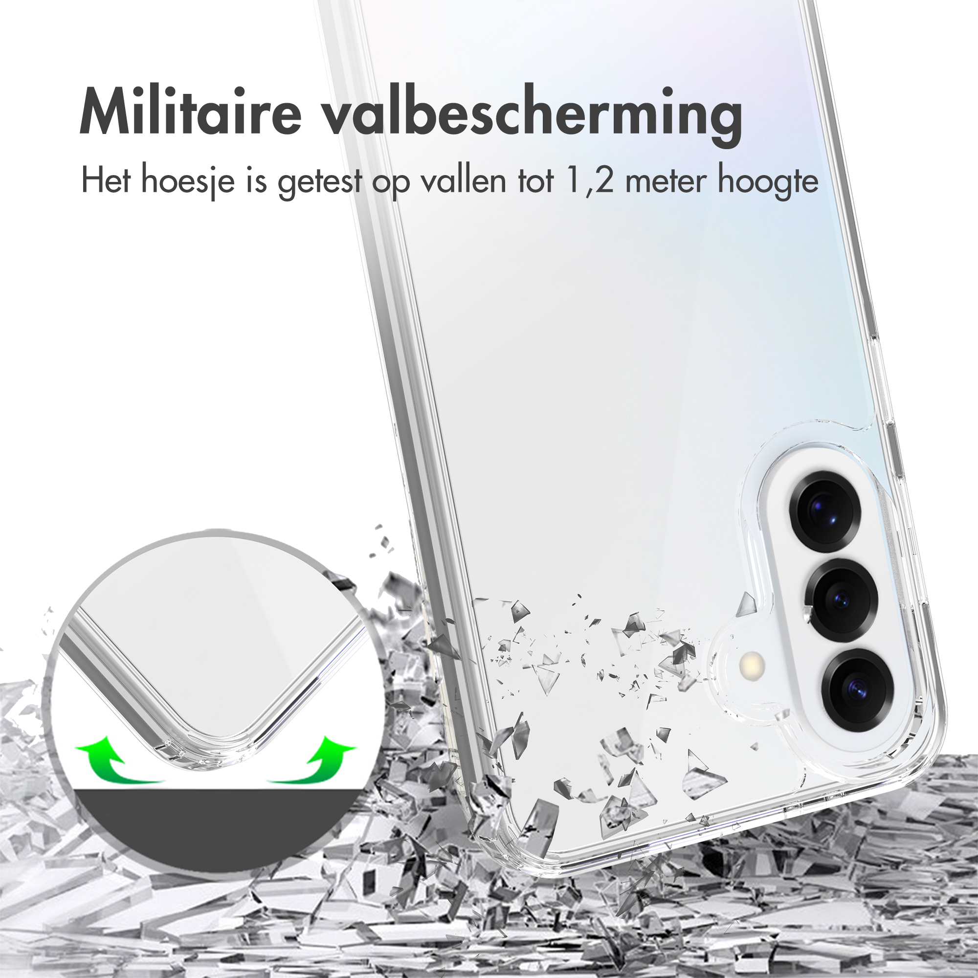 Doorzichtige telefoonhoes met militaire valbescherming, getest vanaf 1,2 meter.