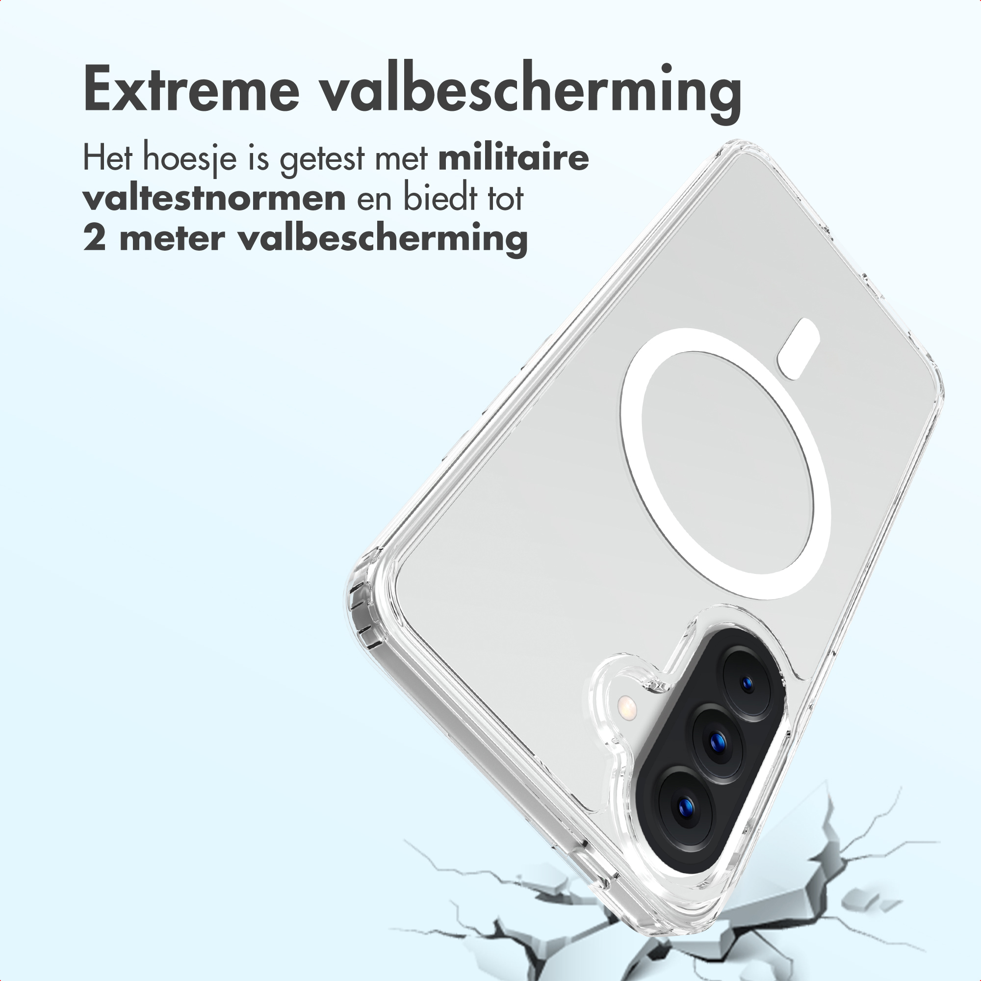 Coque de téléphone transparente avec anneau magnétique et objectifs de caméra sur surface craquelée.