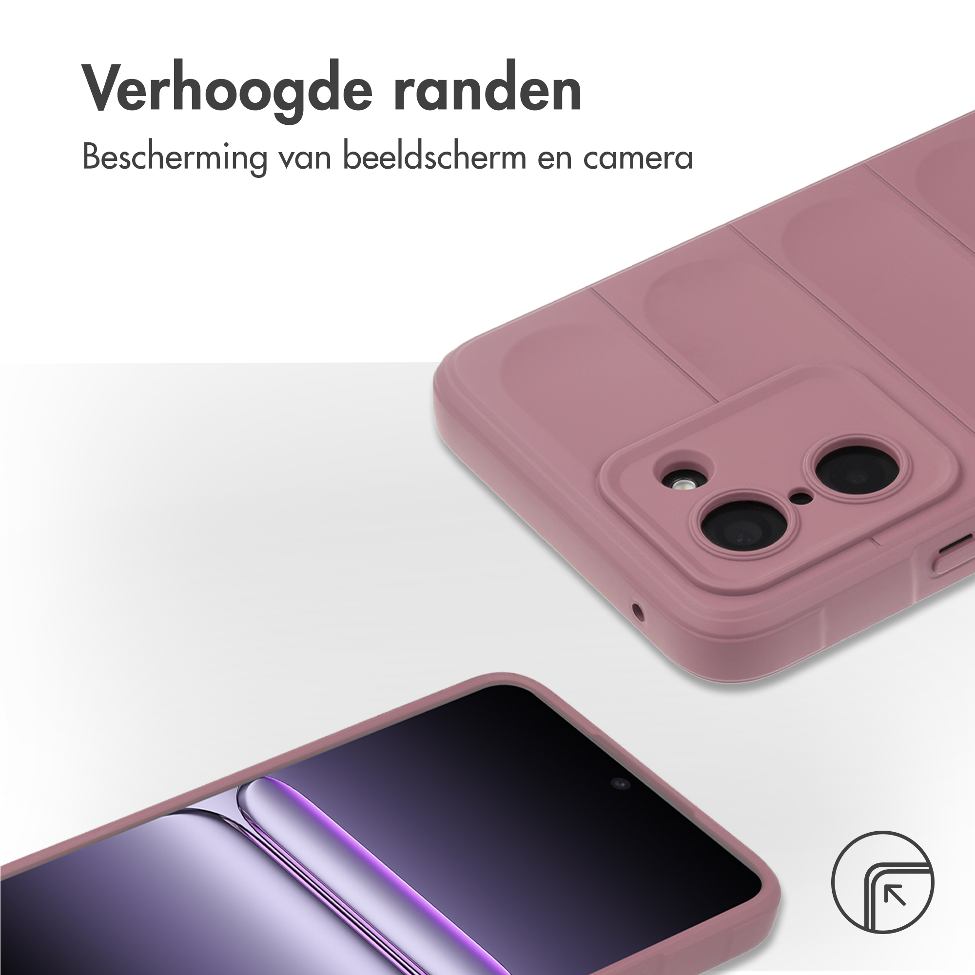 Een roze telefoonhoes, met cameragedeelte en schermweergave.