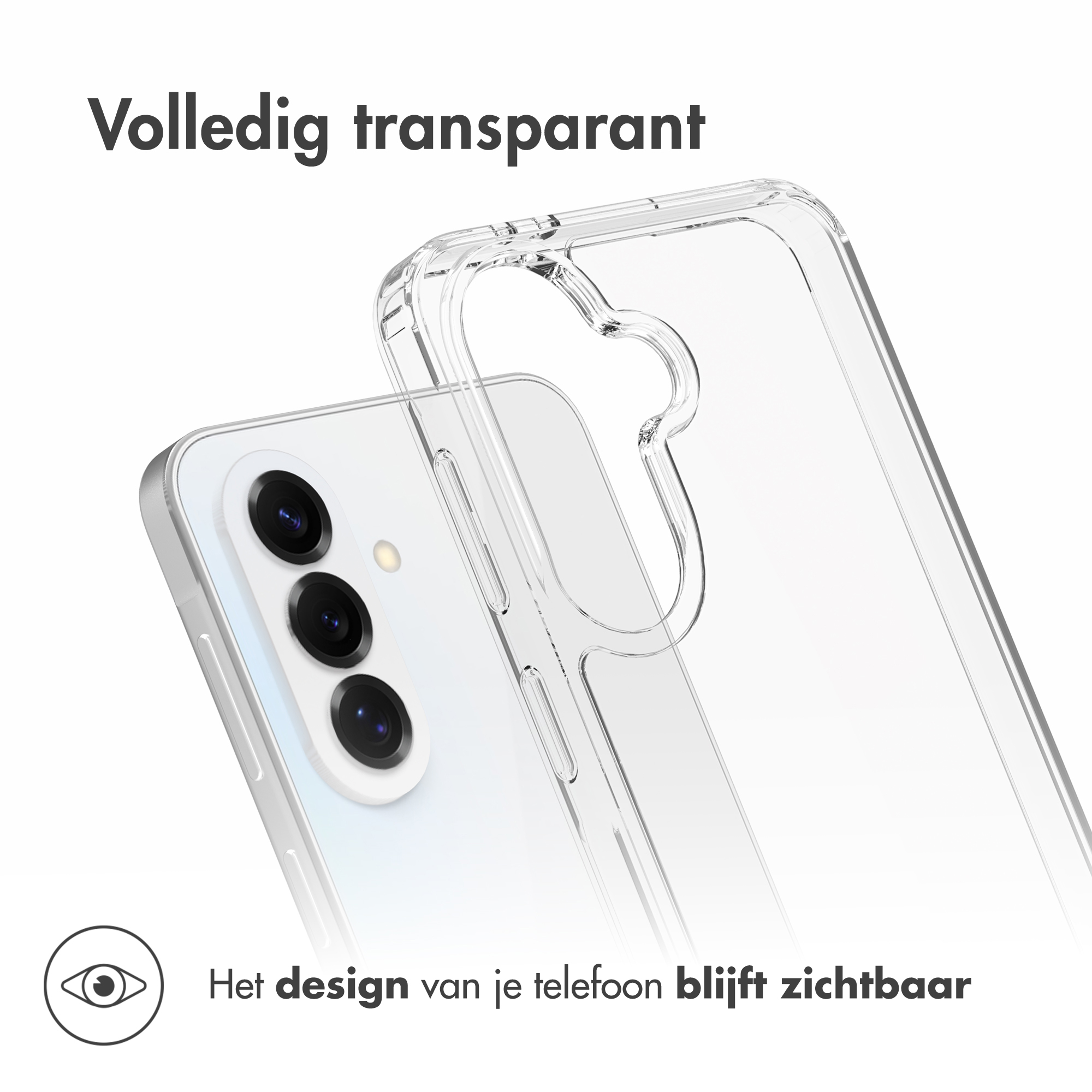 Een transparante telefoonhoes wordt getoond. De achtergrond is wit.